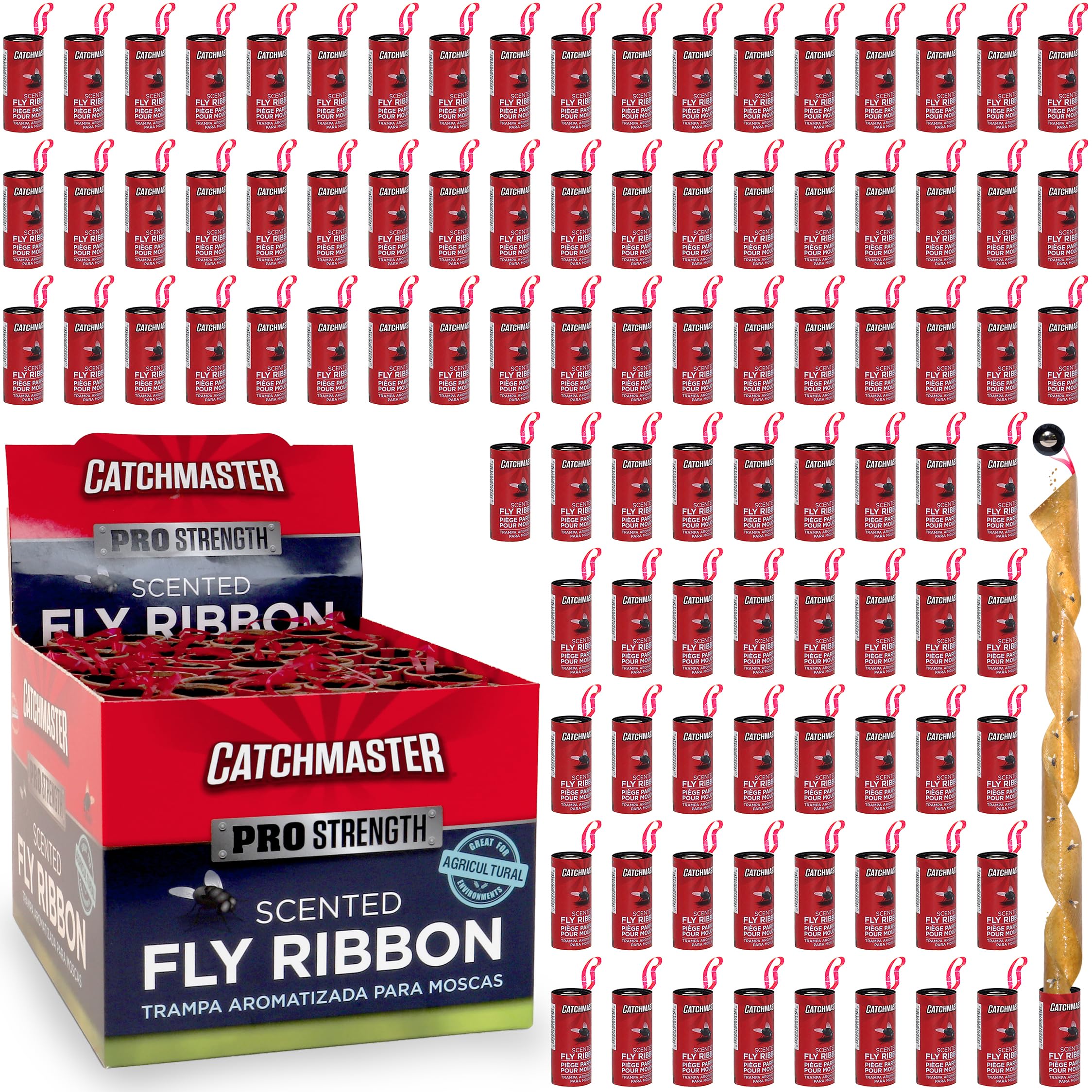 Catchmaster Fly Ribbon 96-Pack, Bug & Fruit Fly Traps Outdoor and Indoor, Premium Adhesive Sticky Fly Strips & Gnat Hanging Strips, Bulk Scented Flying Insect Paper Rolls, Non-Toxic Home Pest Control