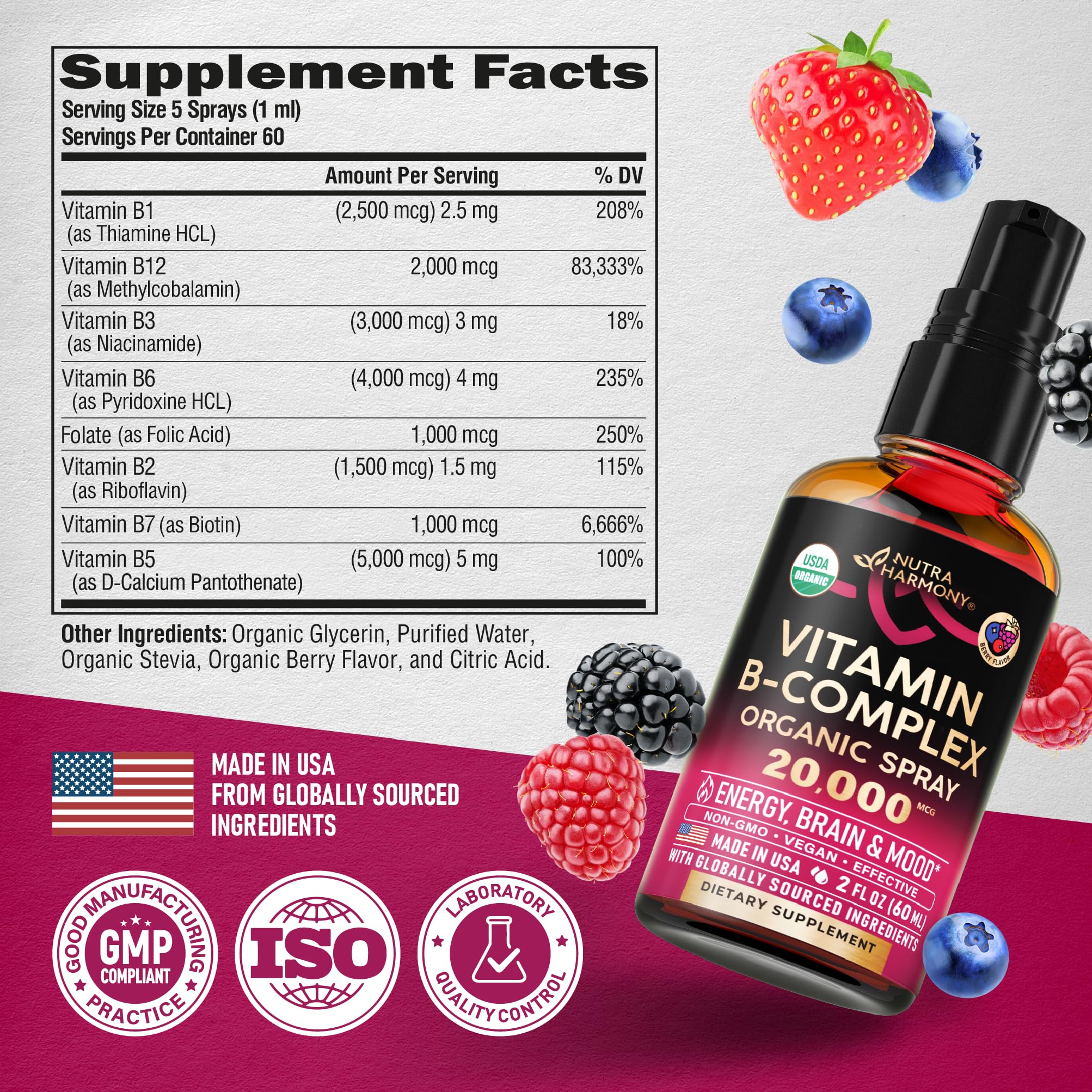 USDA Organic Vitamin B-Complex Liquid Spray 8-in-1 - B5 Pantothenic Acid | B12 Methylcobalamin | B1 Thiamine | B6 Pyridoxine | B7 Biotin | B9 Folic | B3 Niacinamide - Made in USA Supplement, 2fl oz