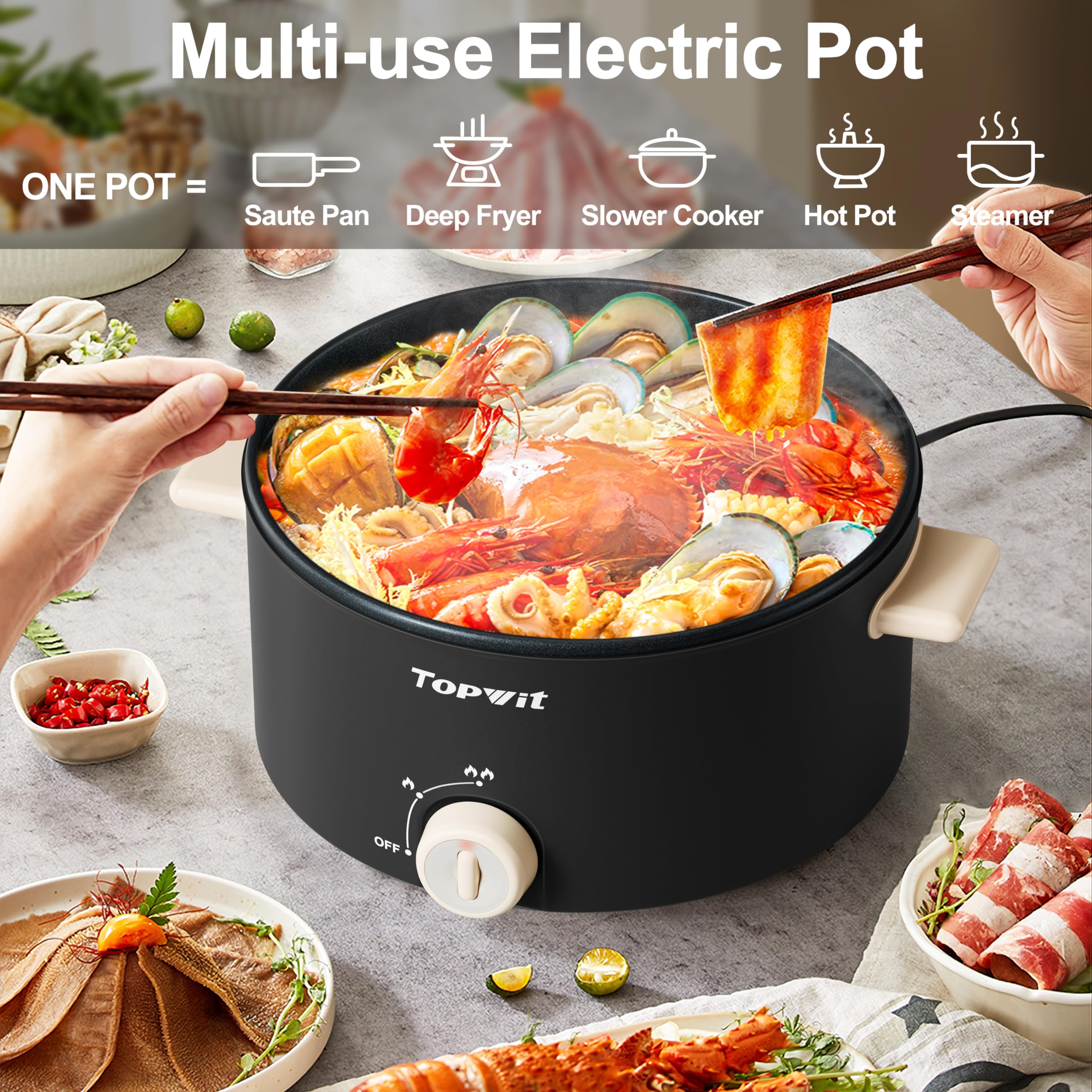 TOPWIT Hot Pot Electric, 4L Electric Pot with Non-Stick Coating, Dual Power Electric Cooker for Deep Frying, Steak, Pasta, Multi-Functional Large Capaity Shabu Shabu Pot for Party, Gathering, Black