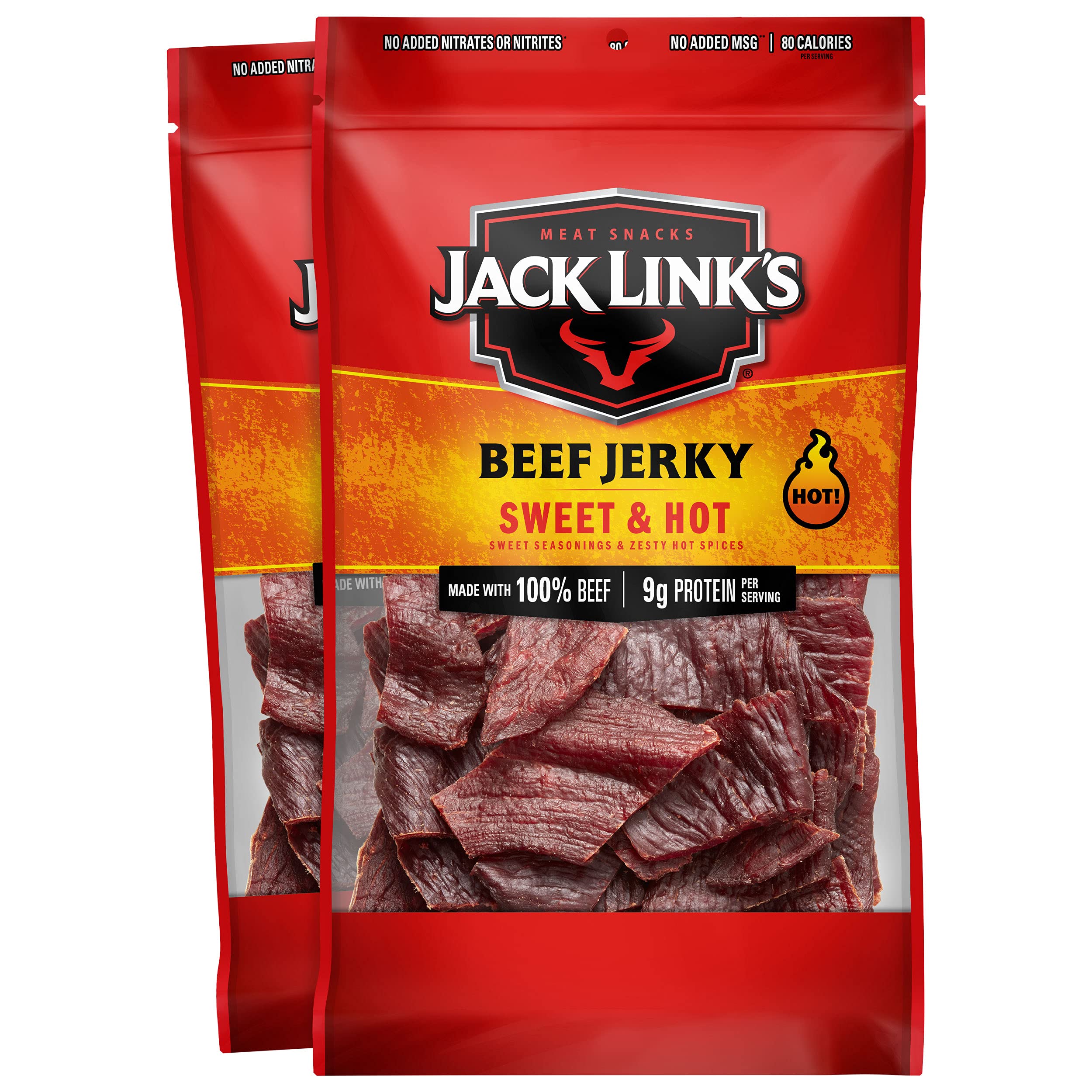 Jack Link's Beef Jerky, Sweet & Hot – Spicy Everyday Snack, 9g of Protein and 80 Calories, Made with 100% Beef – 96% Fat Free, No Added MSG** – 9 Oz. (Pack of 2)