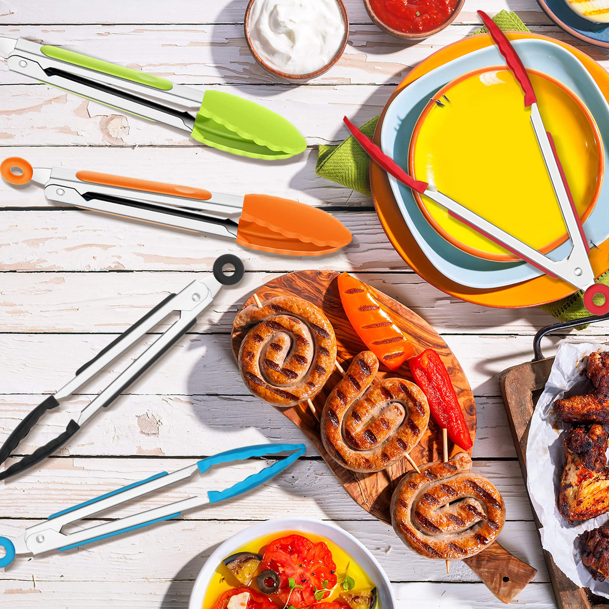 Mudder 5 Pcs Mini Silicone Tongs 7 Inch Small Serving Kitchen Tongs with Silicone Tips Christmas Party Supplies for Salad, Grilling, Frying and Cooking(Multi)