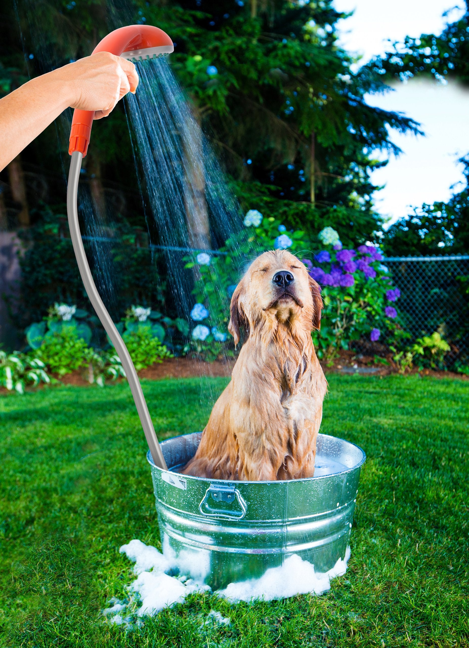 Ivation Portable Outdoor Shower, Battery Powered - Compact Handheld Rechargeable Camping Showerhead - Pumps Water from Bucket Into Steady, Gentle Shower Stream