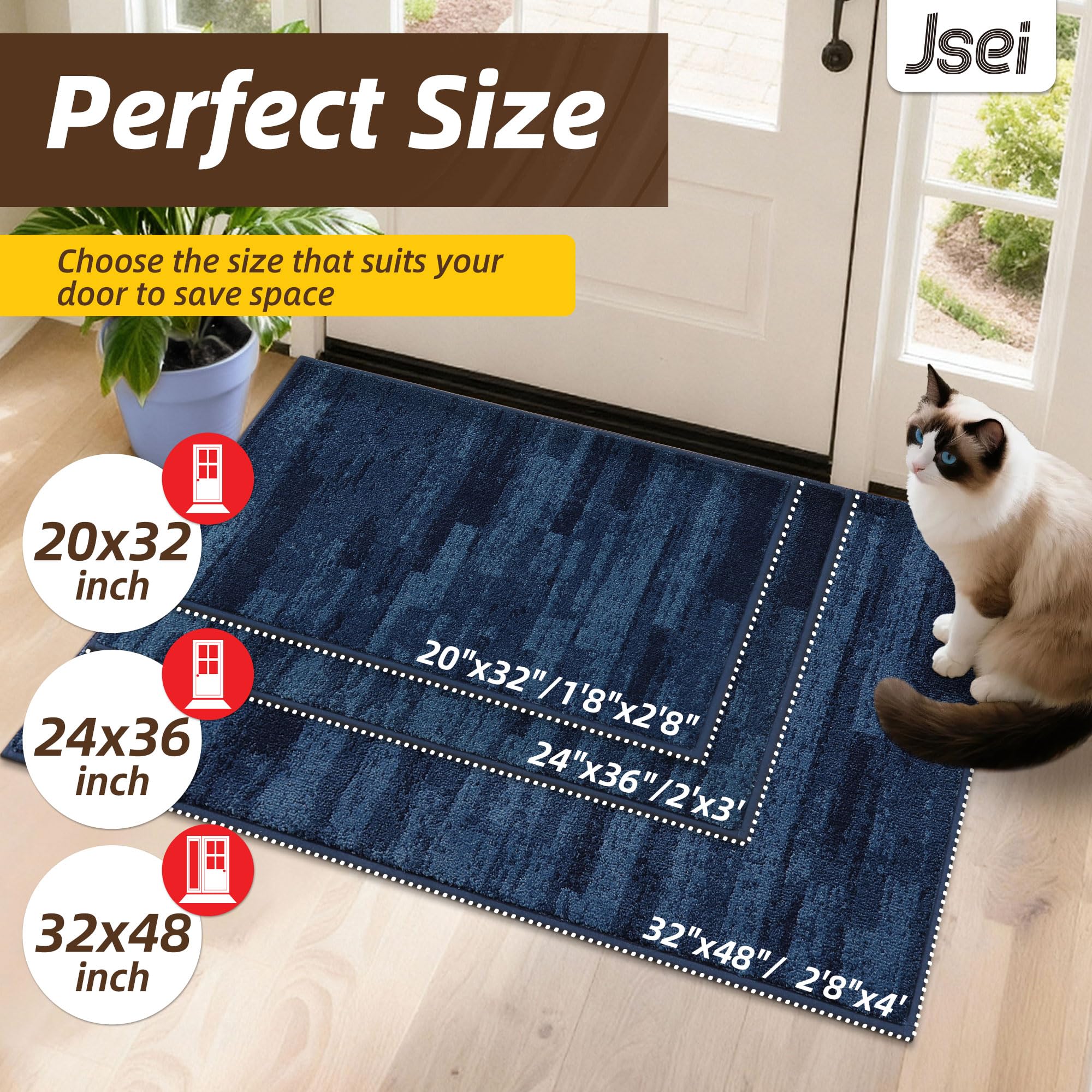 JSEI Dirt Trapper Door Mat 20"x32", Non-Slip Doormats Washable Entryway Mat, Welcome Floor Mat Absorbent Low Profile Dog Door Mats for Front Back Door, Muddy Wet Shoes & Paws, Blue