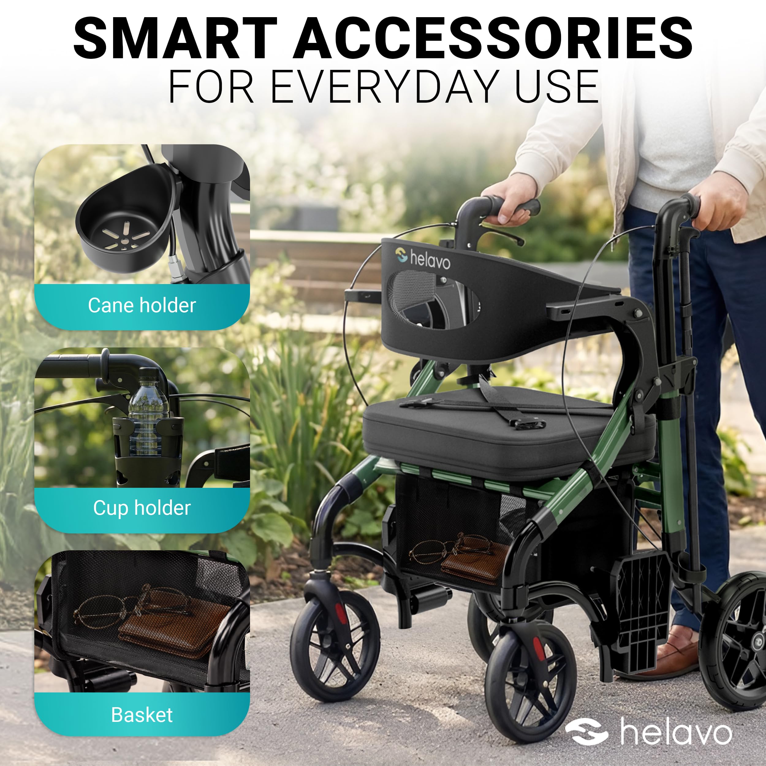 Helavo 2 in 1 Walker Wheelchair Combo with 10" All Terrain Wheels, Lightweight Rollator Transport Chair Combo, 300 lbs Load Capacity with Adjustable Height
