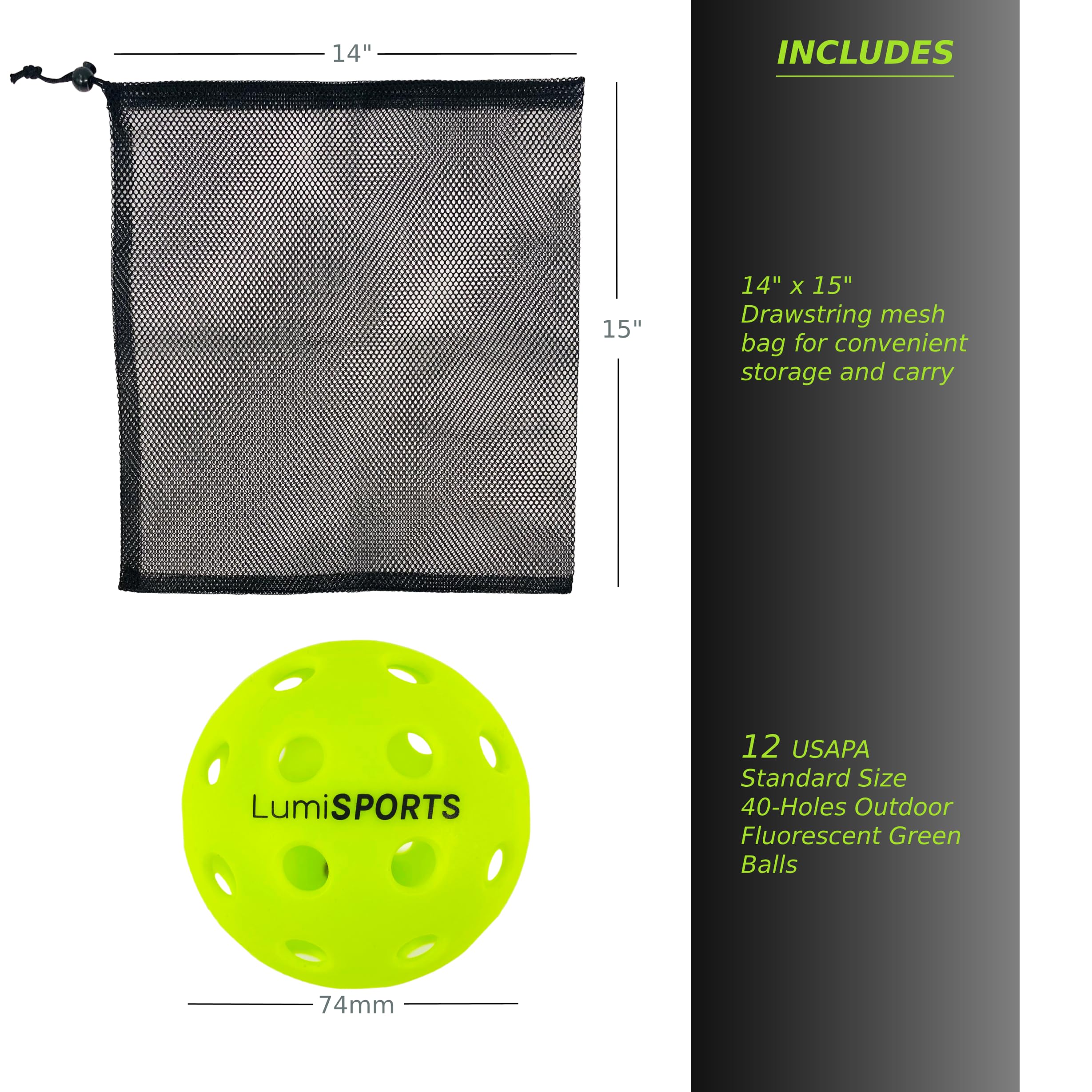 Lumi SPORTS 12-Pack Premium Pickleball Balls | 40 Holes Outdoor/Hybrid Fluorescent Green Balls | All-Surface Play | Crack-Resistance | Convenient Drawstring Mesh Bag | USAPA Standard Size and Weight