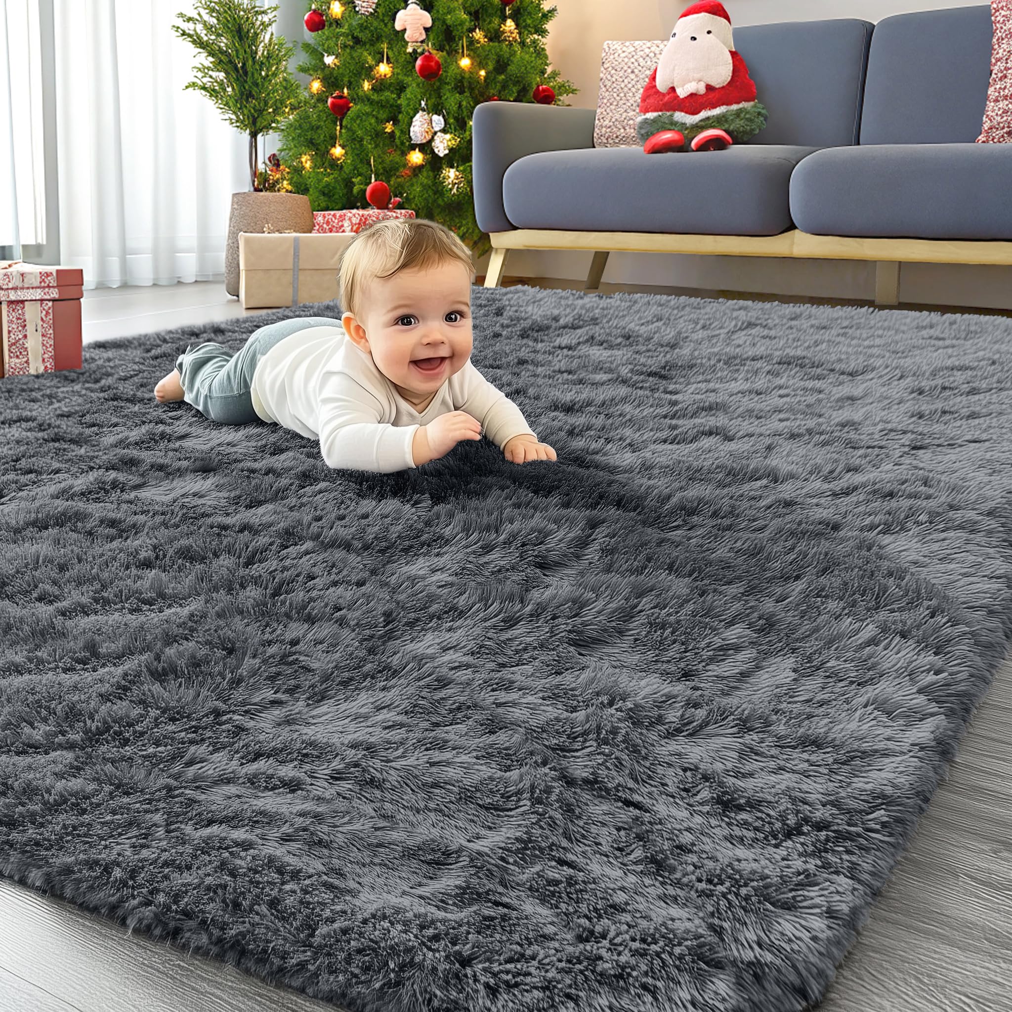 OLANLY Area Rugs for Living Room Bedroom, Machine Washable 4x5.9 Feet Soft Fluffy Shaggy Bedside Rug, Indoor Floor Carpet for Kids Girls and Boys, Dorms, Nursery Rooms, Home Decor Aesthetic, Grey