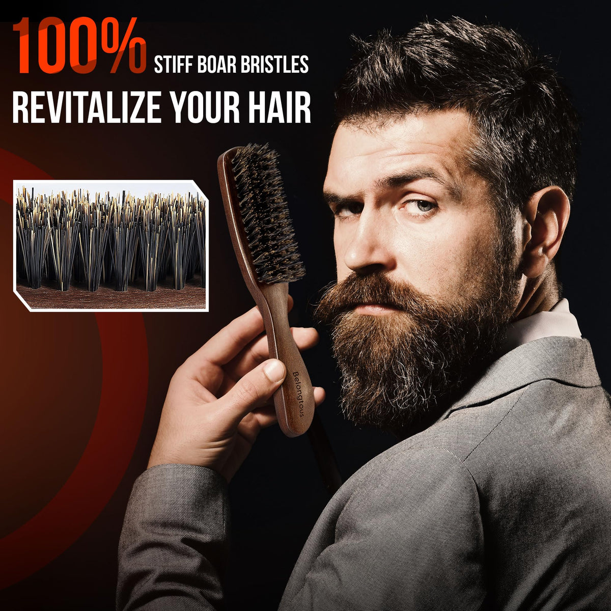 100% Wild Boar Bristle Hair Brush for Men, Stiff Bristles for Thick Hair, Ergonomically Designed Walnut Handle, Ideal for Detangling, Smoothing, Wave Styles - Belongtous