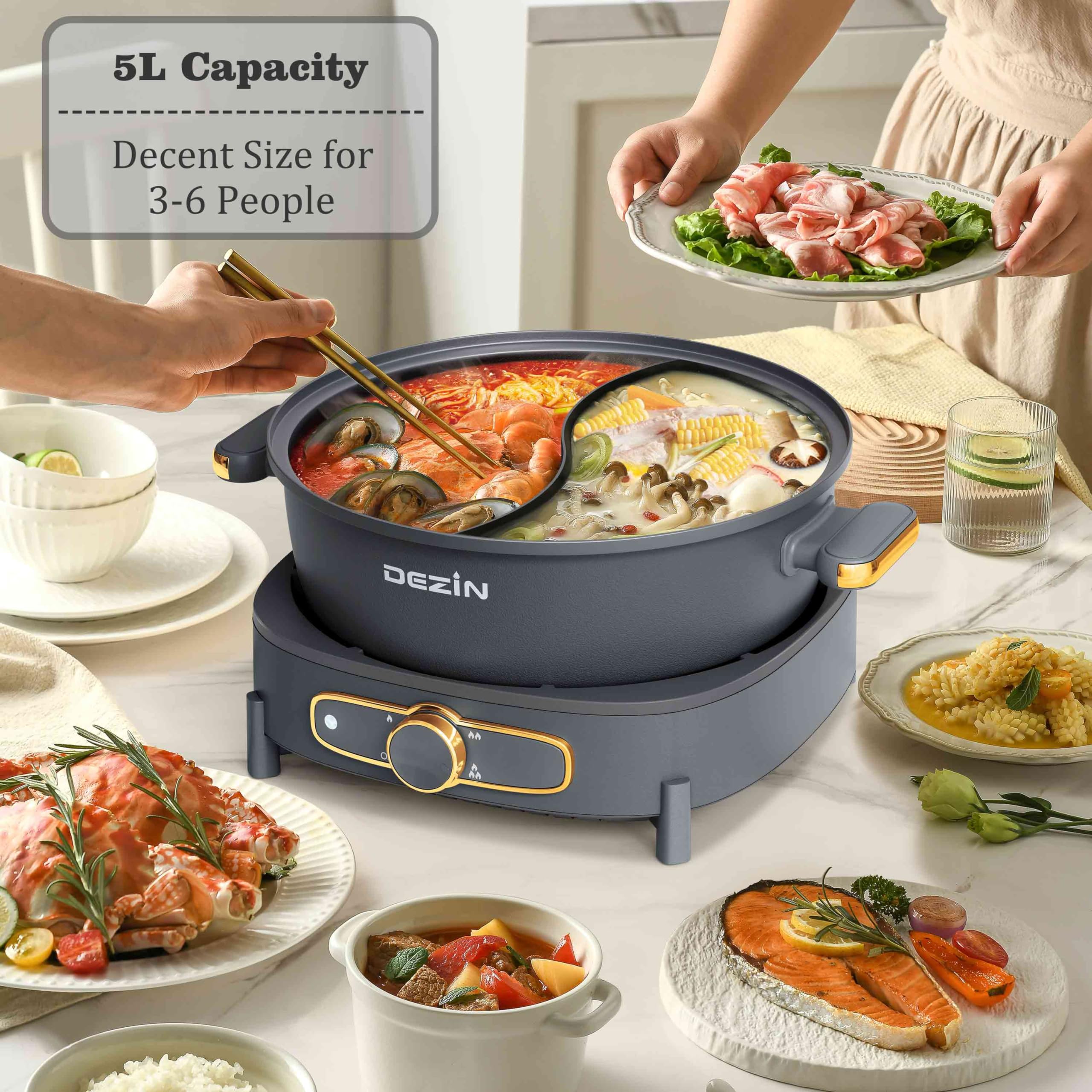 Dezin Hot Pot Electric with Divider, 5L Double-Flavor Shabu Shabu Pot, Dual Sided Removable Non-Stick Hotpot Pot Electric, 3" Depth Chinese Hot Pot with Multi-Power Control, 2 Silicone Ladles Included