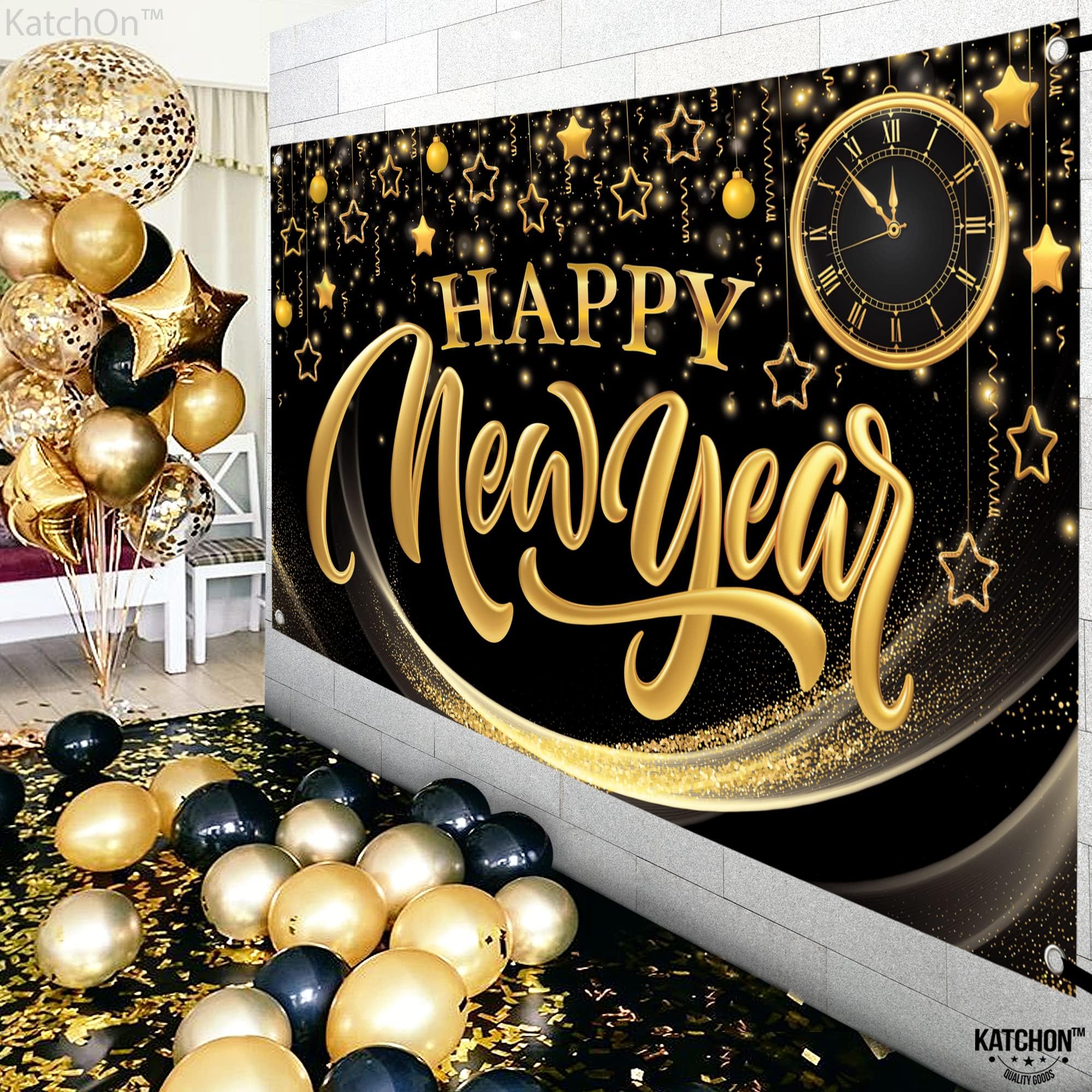 KatchOn, XtraLarge Happy New Year Banner - 72x44 Inch | Happy New Years Backdrop for New Years Decorations 2025 | New Years Eve Backdrop for New Years Eve Party Supplies 2025 | NYE Decorations 2025