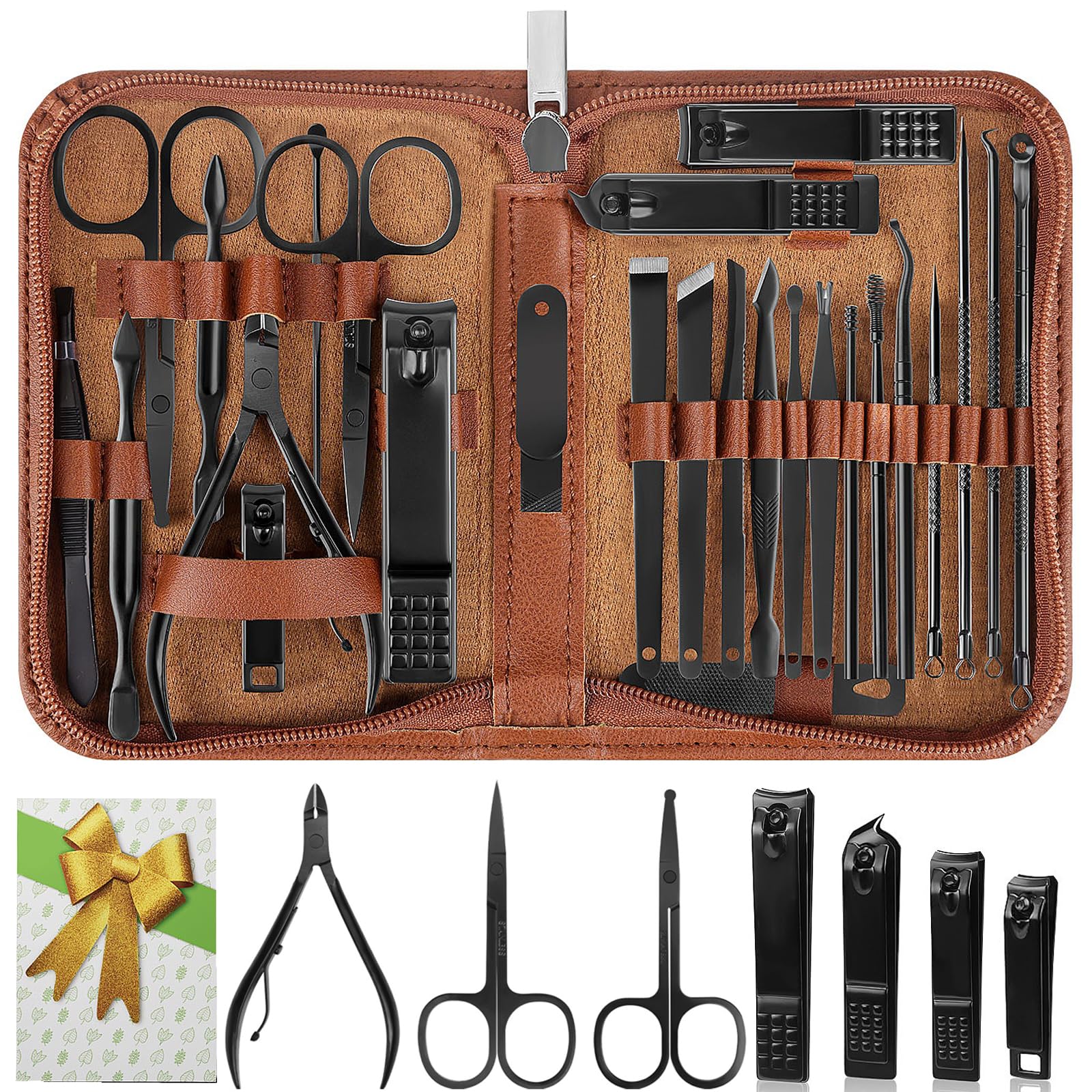 Manicure Set, Professional Nail Clippers Pedicure Kit 26 Pieces Nail Care Tools for Travel & Grooming (Brown)