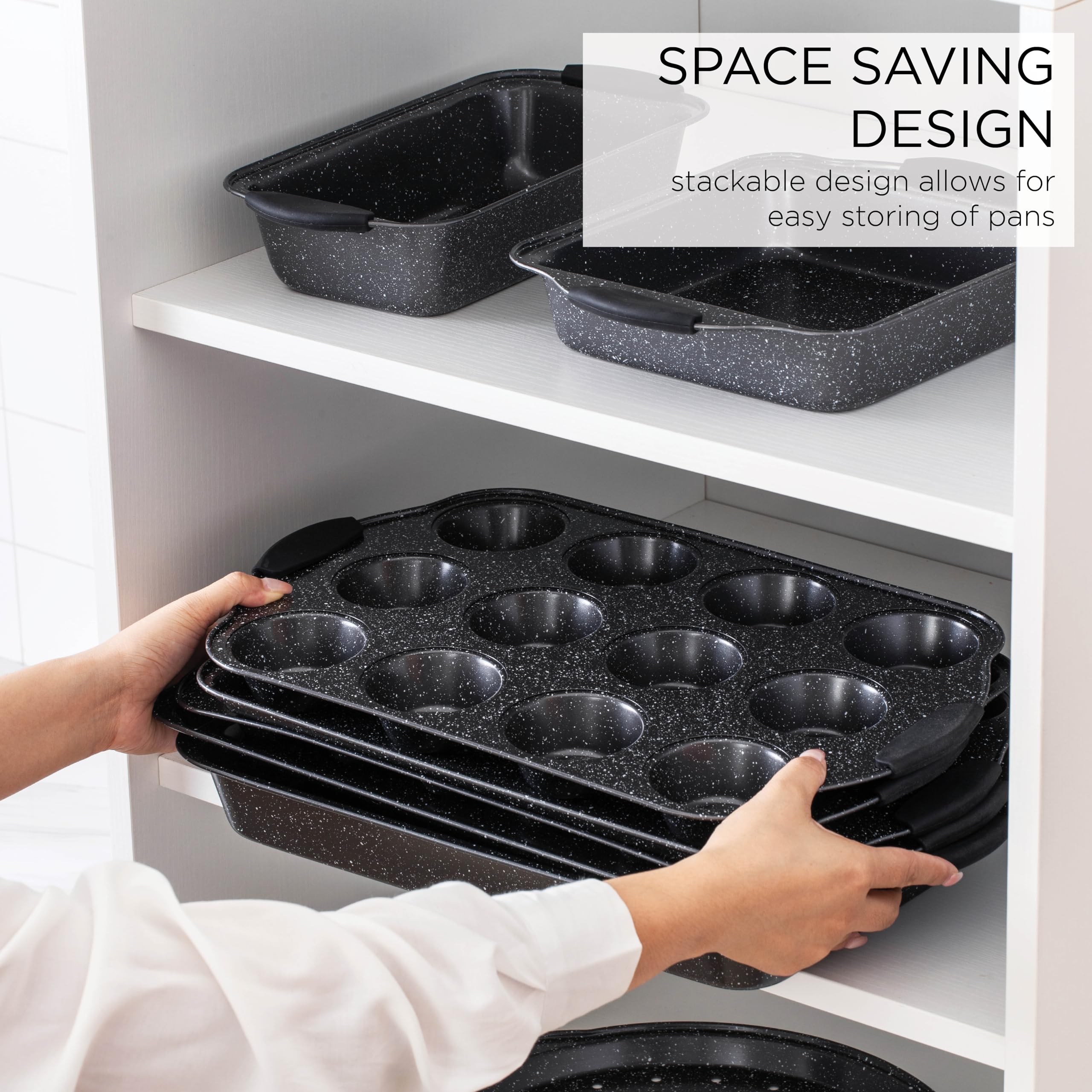 Country Kitchen 10-Piece Nonstick Stackable Bakeware Set - PFOA, PFOS, PTFE Free Baking Tray Set w/Non-Stick Coating, 450°F Oven Safe, Round Cake, Loaf, Muffin, Wide/Square Pans, Cookie Sheet