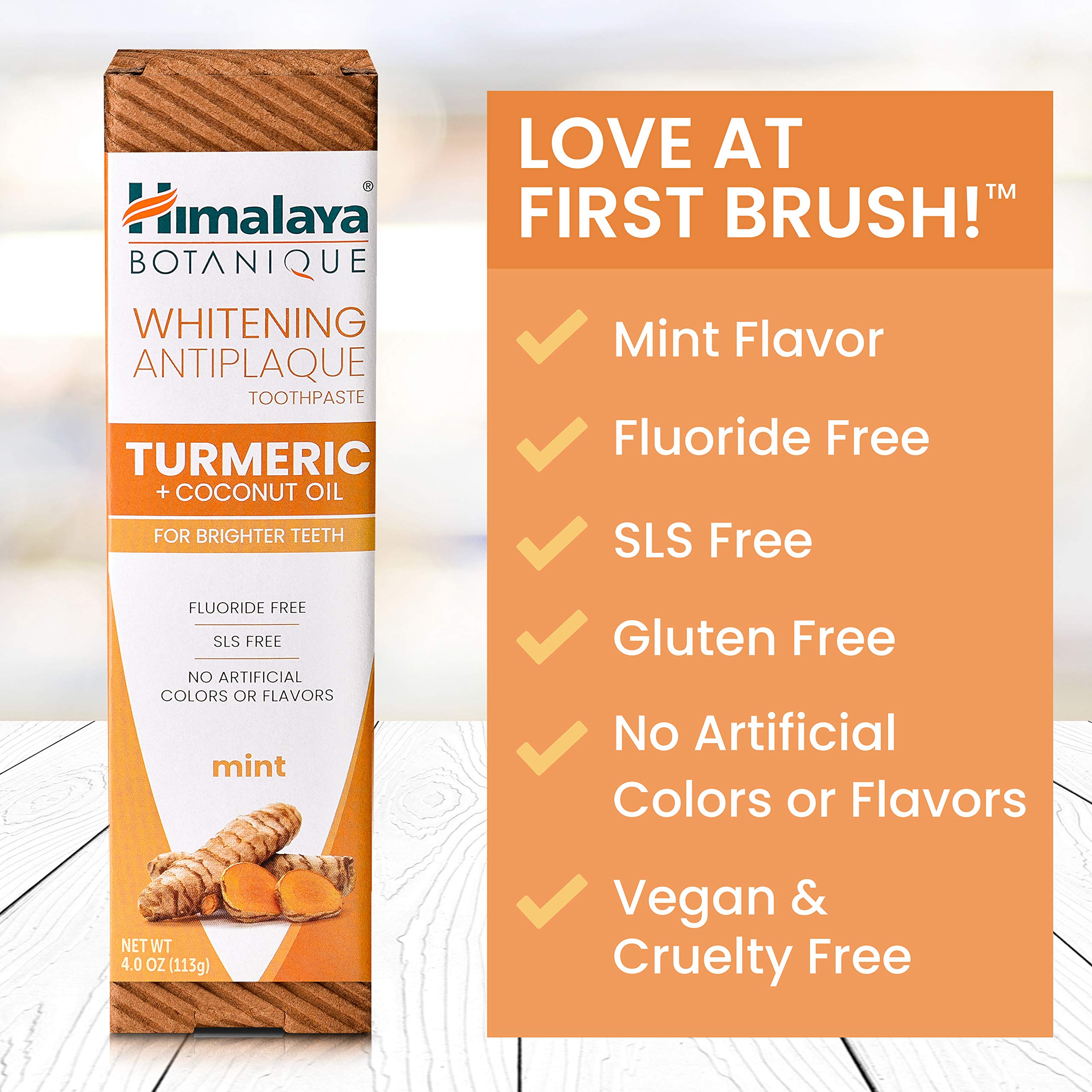 Himalaya Botanique Turmeric & Coconut Oil Whitening Antiplaque Herbal Toothpaste, Whitens Teeth, Fluoride Free, No Artificial Flavors, SLS Free, Vegan, Cruelty Free, Foaming, Mint Flavor, 4 Oz, 2 Pack