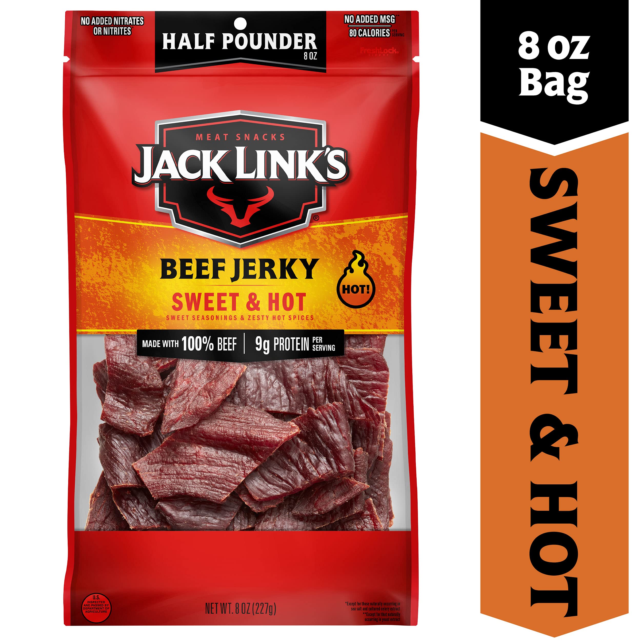 Jack Link's Beef Jerky, Sweet & Hot, ½ Pounder Bag - Flavorful Meat Snack, 9g of Protein and 80 Calories, Made with Premium Beef - 96 Percent Fat Free, No Added MSG or Nitrates/Nitrites