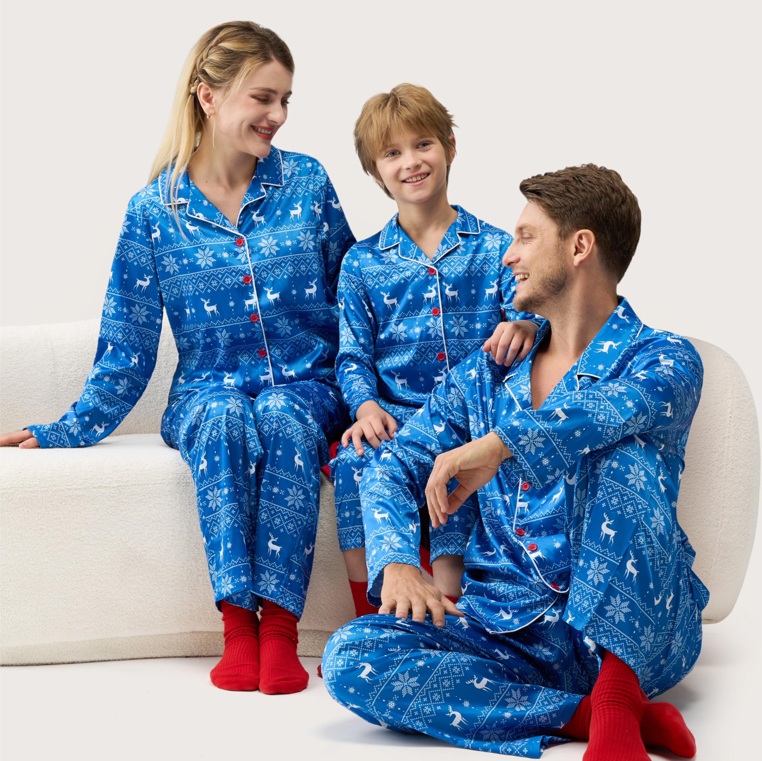 Giggling Getup Adult Christmas Pajamas, Silk Pajama Set with Christmas Pajama Pants and Long-Sleeve Top, for Holiday Pajamas Party-L Blue