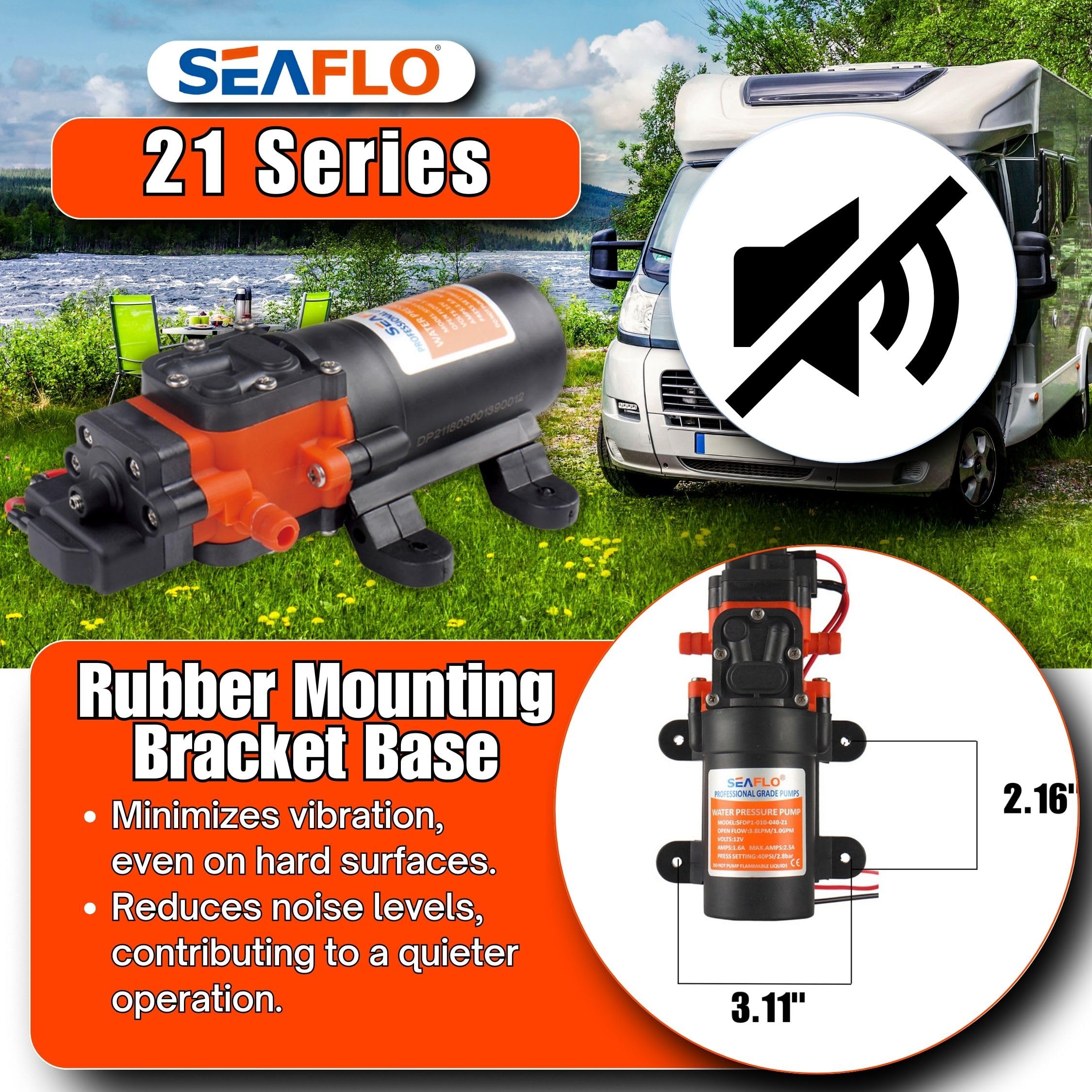 SEAFLO 21-Series Water Pressure Diaphragm Pump - 12V DC, 1.2 GPM, 35 PSI with Adjustable Pressure Switch, Self-Priming, Quiet Operation for RV, Boat, and Off-Grid Applications