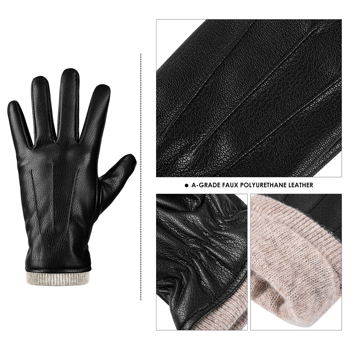 alqqas Winter Fashion Leather Gloves for Men, Finger Touchscreen Texting Wool Lined Outdoor Windproof Warm Driving Gloves