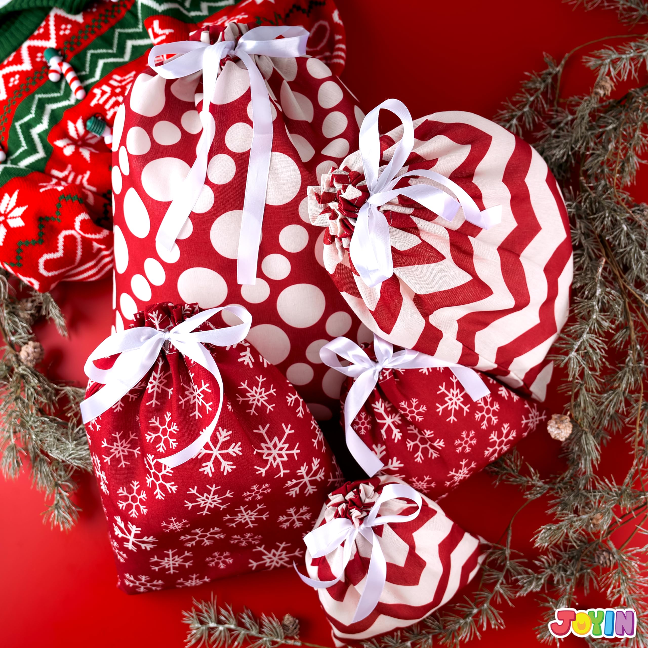 JOYIN 6 PCs Fabric Gift Bags Red Elegant Color with 3 Sizes for Each Season, holiday present Giving, Holiday Presents Décor, Giant Gifts Decorations.