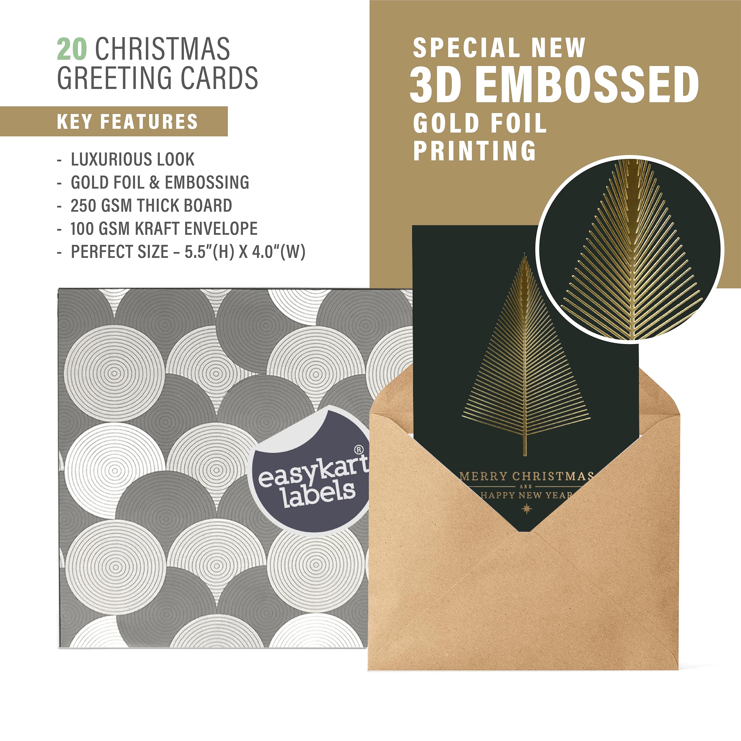 20 Gold Foil Christmas Greeting Cards with Envelopes | Dark Green Col & Embossing on Christmas Tree | 5.75 x 4.25 Inch Merry Christmas Cards with Seal Stickers For Friends , Family and loved Ones