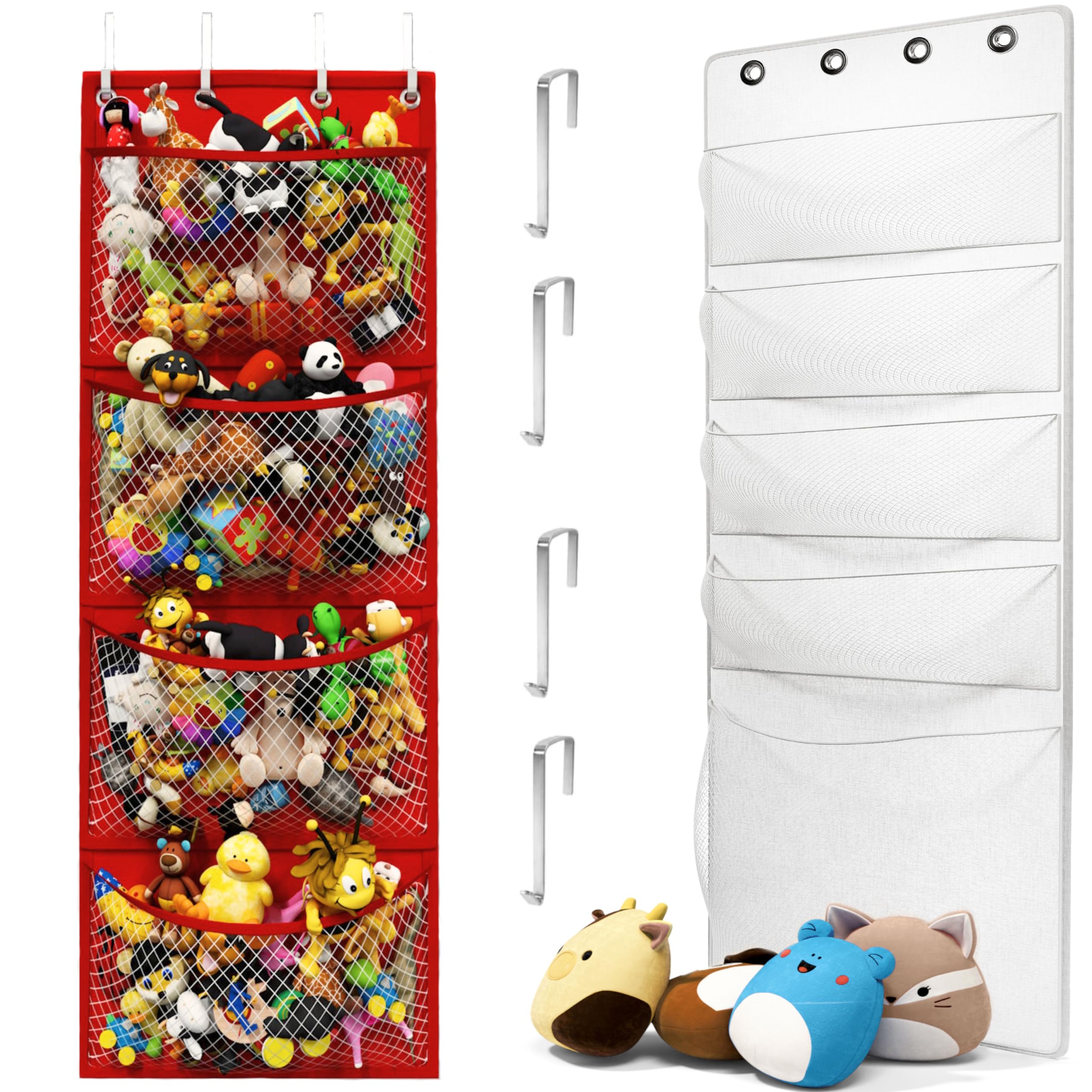 Honeyera Complete Plush & Toy Storage Bundle Red Stuffed Animal Organizer & Squishmallow Holder – Quick Install, Perfect for Small Spaces