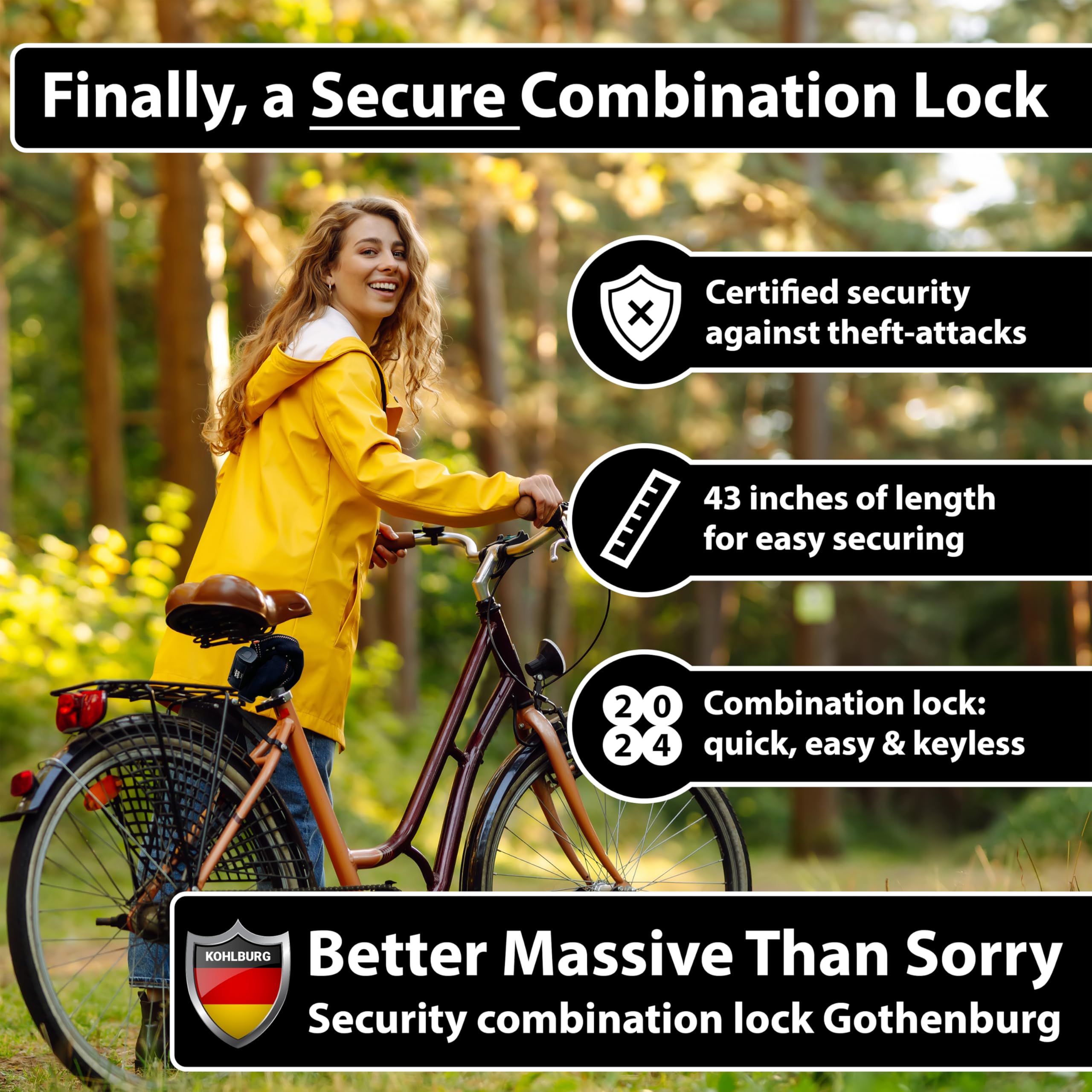 KOHLBURG Heavy Duty Combination Bike Lock [Sold Secure Gold] 43" Long with Maximum Security – Anti Theft Bike Chain Lock with Numeric Code & 8mm Hardened Steel for Bicycle, Ebike, & Motorcycle