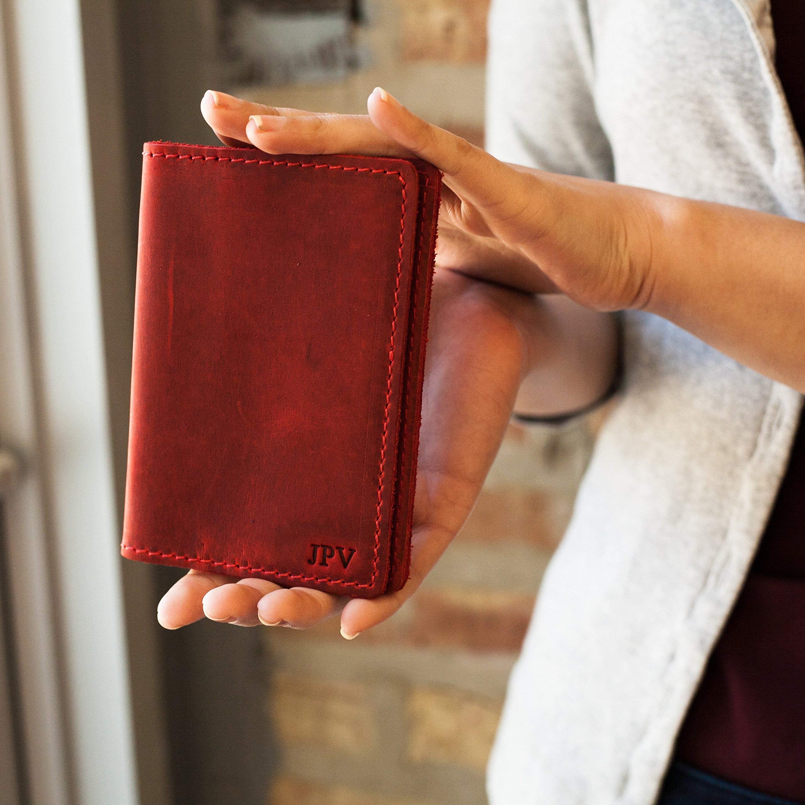 PEGAI Personalized Leather Passport Holder Cover Wallet Travel Essentials | 100% Soft Touch Rustic Travel Wallet Case, International Travel Must Haves | DeKalb (Rose Red)