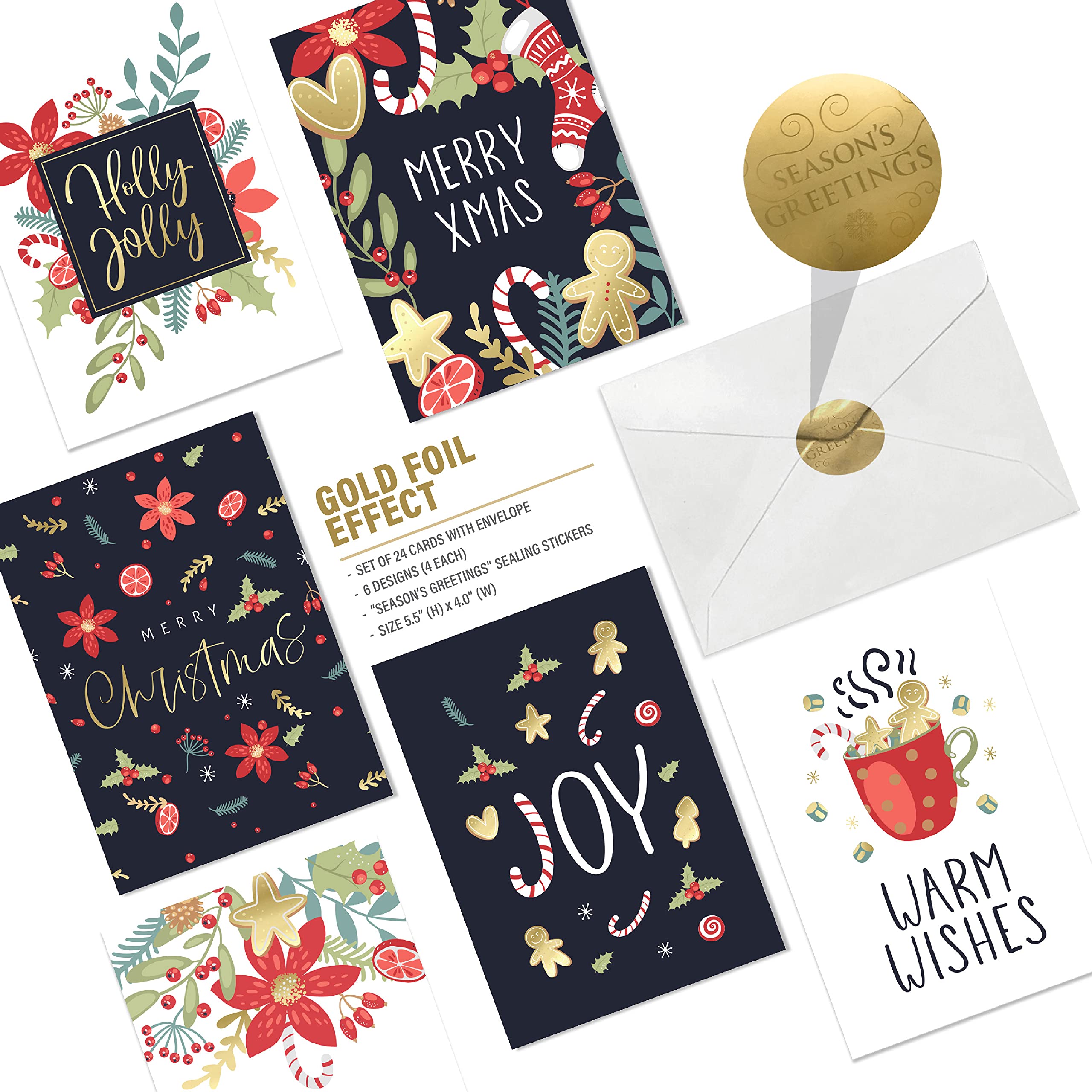 easykart labels 24 Christmas Cards with Envelopes, 6 Assorted Floral Designs With Gold Foil, 5.5 x 4 Inch Size For Friends, Family and loved Ones