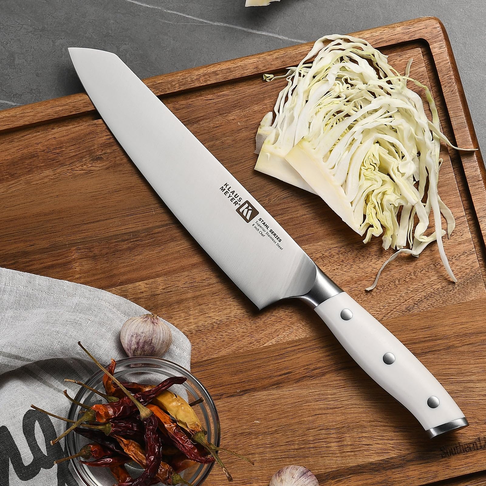 Klaus Meyer 19-Piece Knife Block Set, High Carbon German Stainless Steel (Stahl), Full-Tang Handles with Sharpener, White