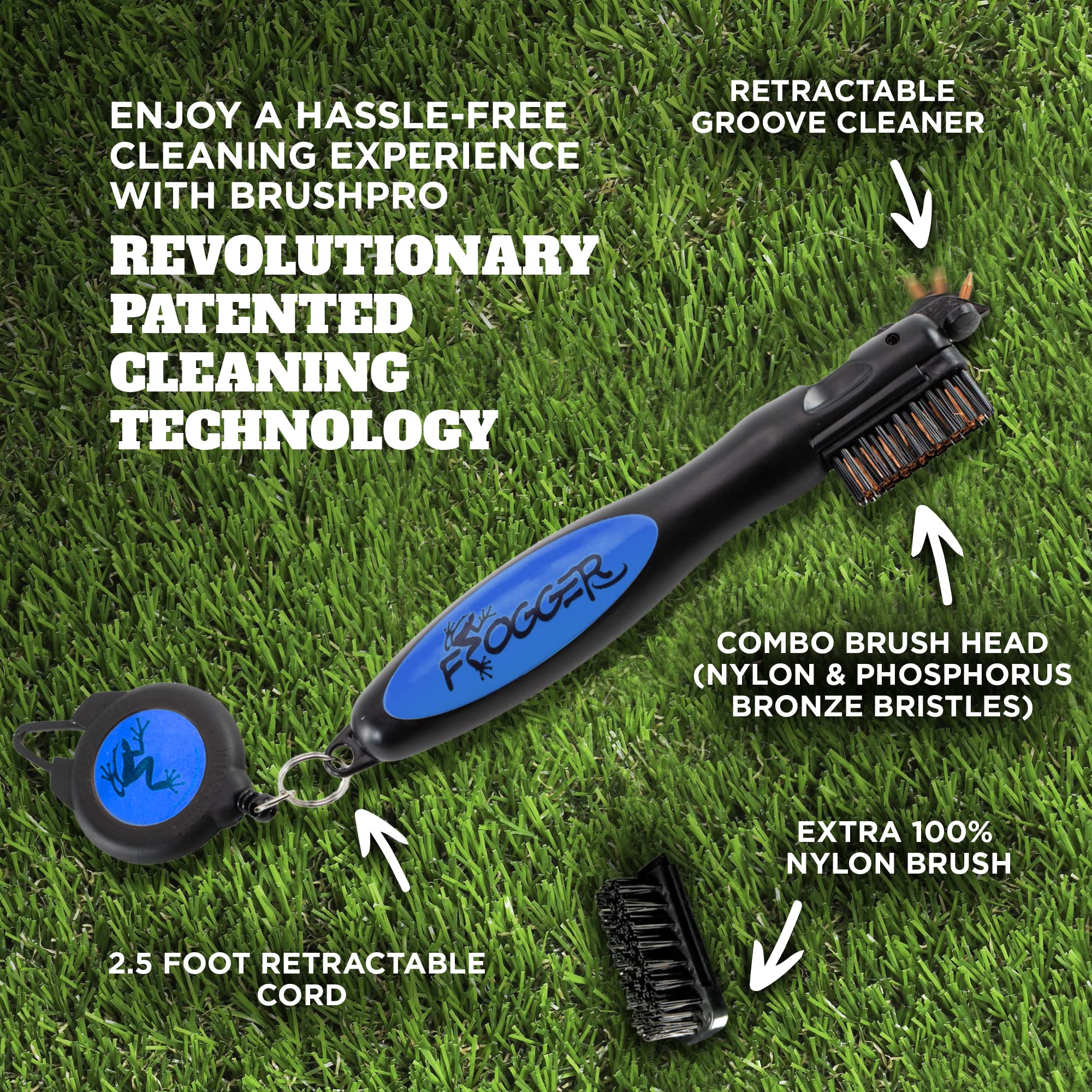 Frogger BrushPro Golf Club Cleaner with Ergonomic Grip and 2.5 ft. Retractable Cord, Blue - Sturdy Golf Club Brush and Groove Cleaner for Golfers
