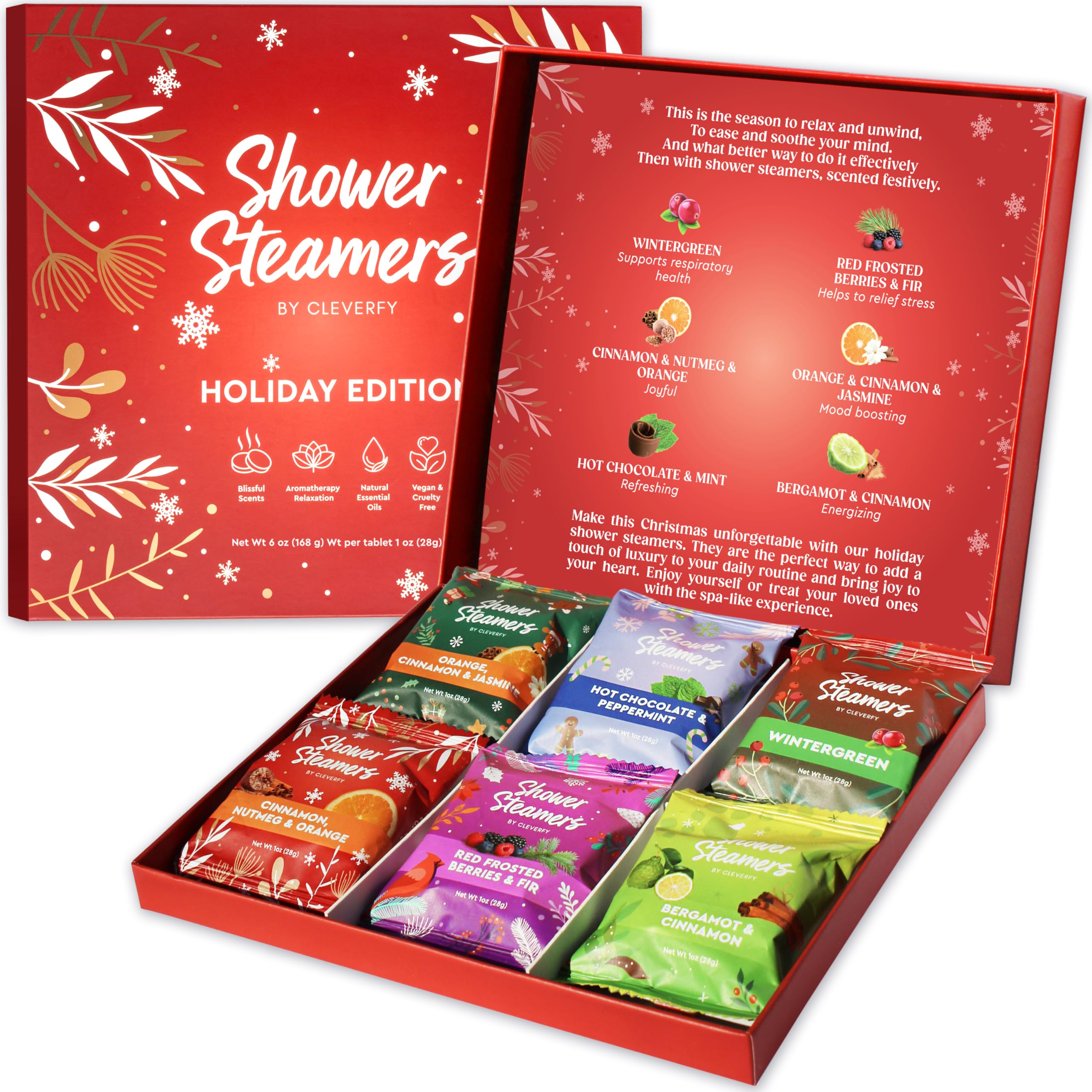 Cleverfy Shower Steamers Aromatherapy - Limited Edition Holiday Gift Set of 6 Shower Bombs with Essential Oils. Self Care Stocking Stuffers for Women and Men, Christmas Gifts for Women and Men.