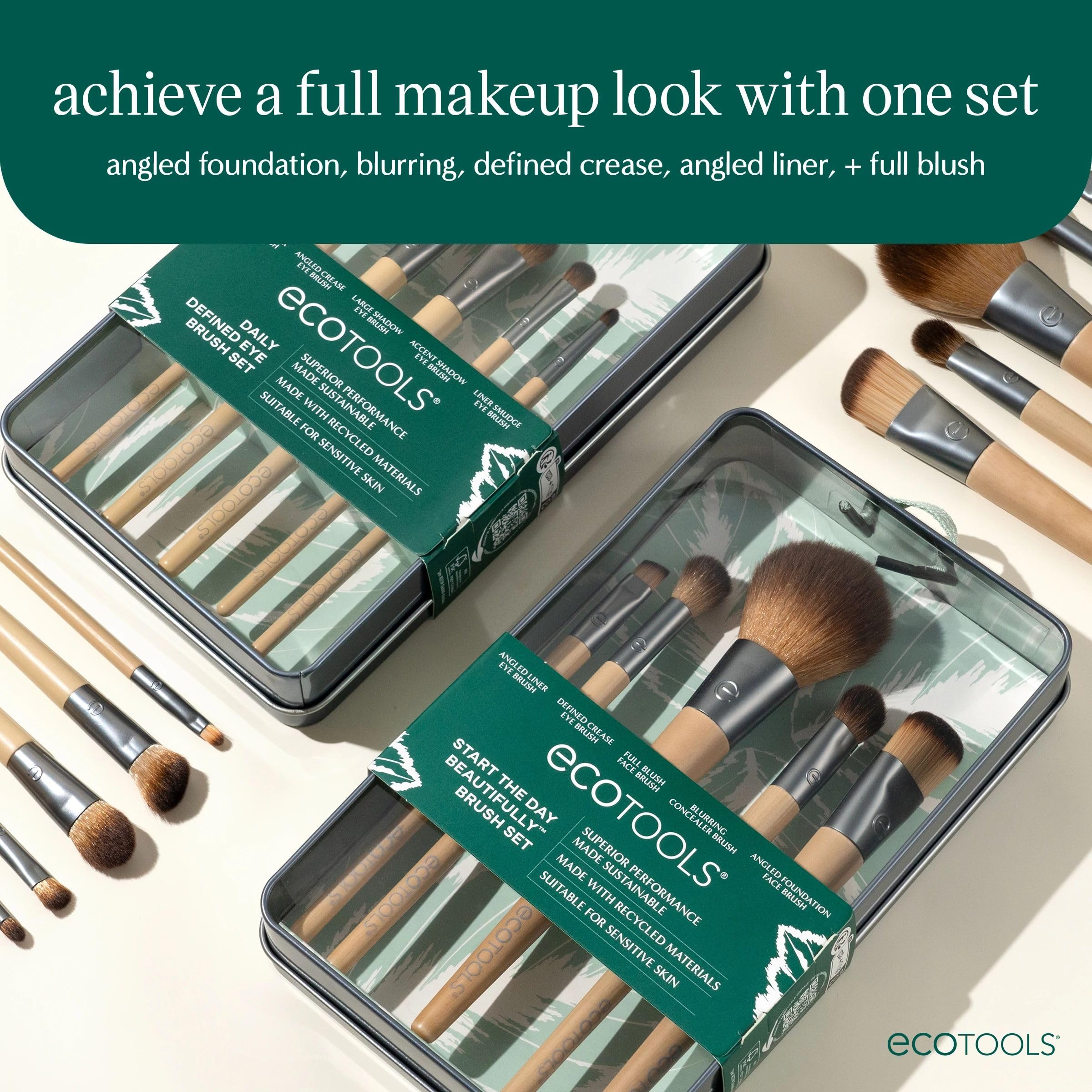 EcoTools Start The Day Beautifully 6 Piece Makeup Brush Set, Makeup Brushes For Eyeshadow, Blush, Concealer, & Foundation Application, Eco-Friendly, Gift Set, Synthetic Hair, Vegan & Cruelty-Free