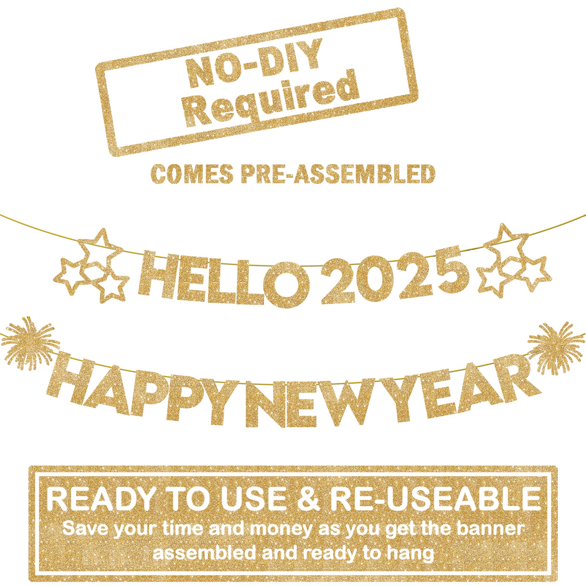 KatchOn, Happy New Year Banner - 10 Feet, No DIY | Hello 2025 Banner for Happy New Year Decorations 2025 | NYE Banner, New Years Banner | New Years Eve Party Supplies 2025 | NYE Decorations 2025