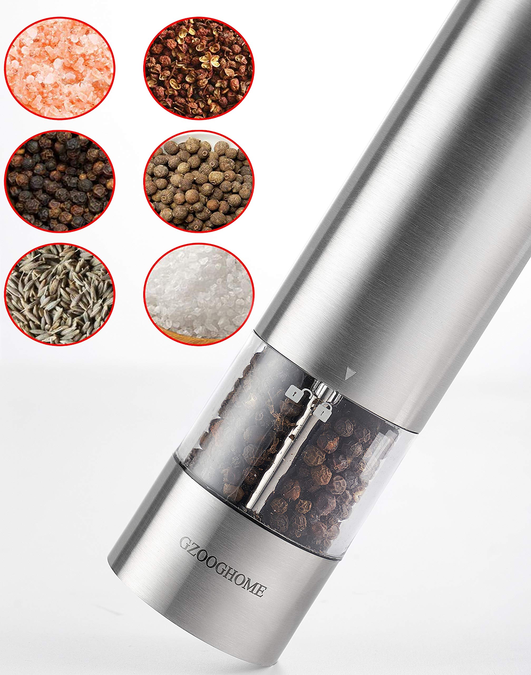 GZOOGHOME Electric Salt and Pepper Mill Grinder Set (Do Not Use Rechargeable Batteries), Battery Operated Automatic One Handed Pepper Salt Mill with Funnel and Adjustable Coarseness