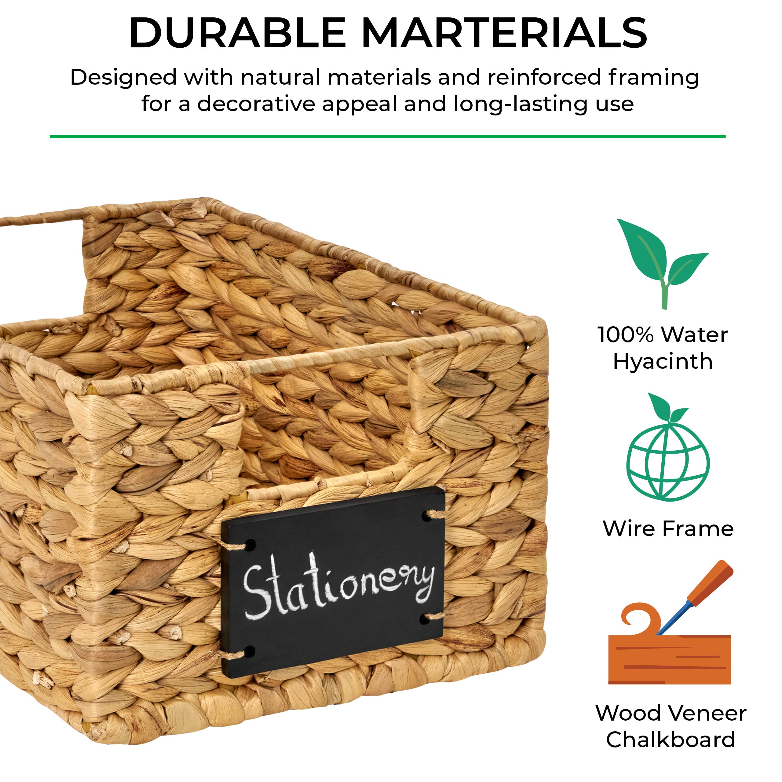 BARIEN 6 Pcs 12" x 9" x 6" Natural Water Hyacinth Woven Storage Baskets, Rectangular Wicker Basket with Built-in Handles, Woven Cube Storage Bin with Chalkboard Label Chalk Marker (Natural - Set of 6)