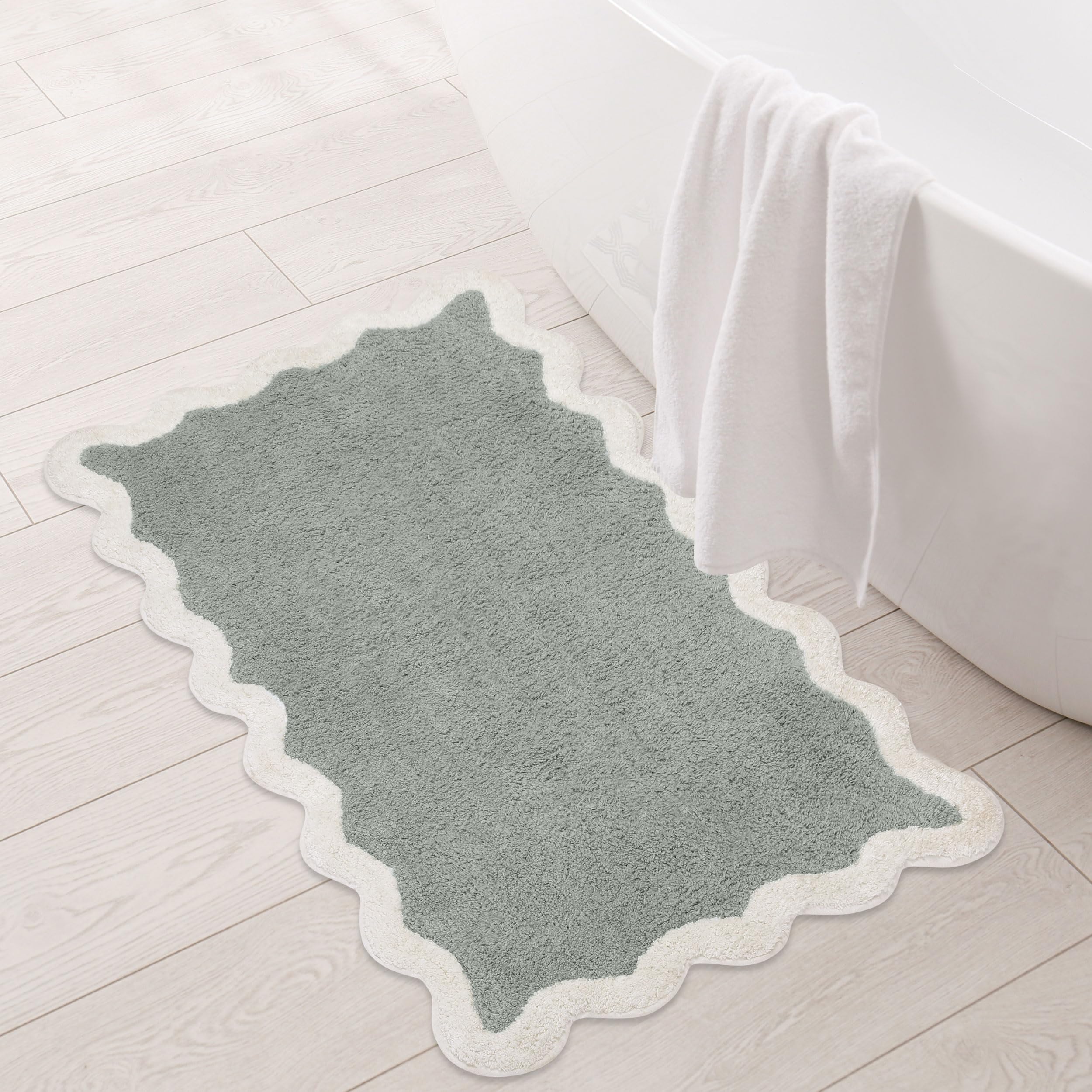 Folkulture Bathroom Rug or Bath Mats for Bathroom Décor, Sage Green Bath Rug, Bathroom Mat or Bathtub Mat for Shower Accessories, 20" X 32" Absorbent Machine Washable Rug, Scallop Bathroom Runner Rug