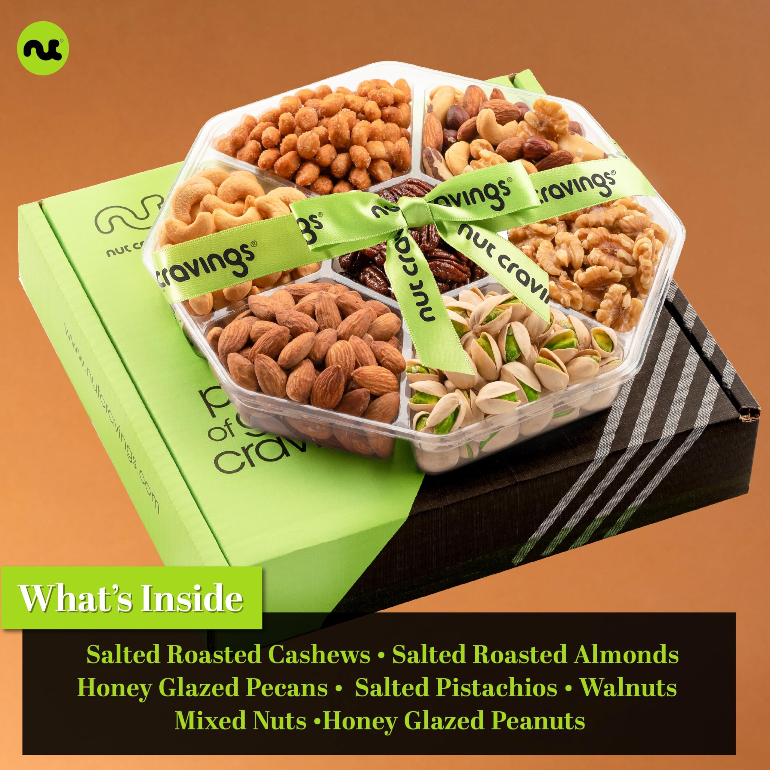 NUT CRAVINGS Gourmet Collection - Valentines Day Mixed Nuts Gift Basket + Green Ribbon (7 Assortments, 1 LB) Galentines Arrangement Platter, Birthday Care Package - Healthy Kosher Corporate Gifts