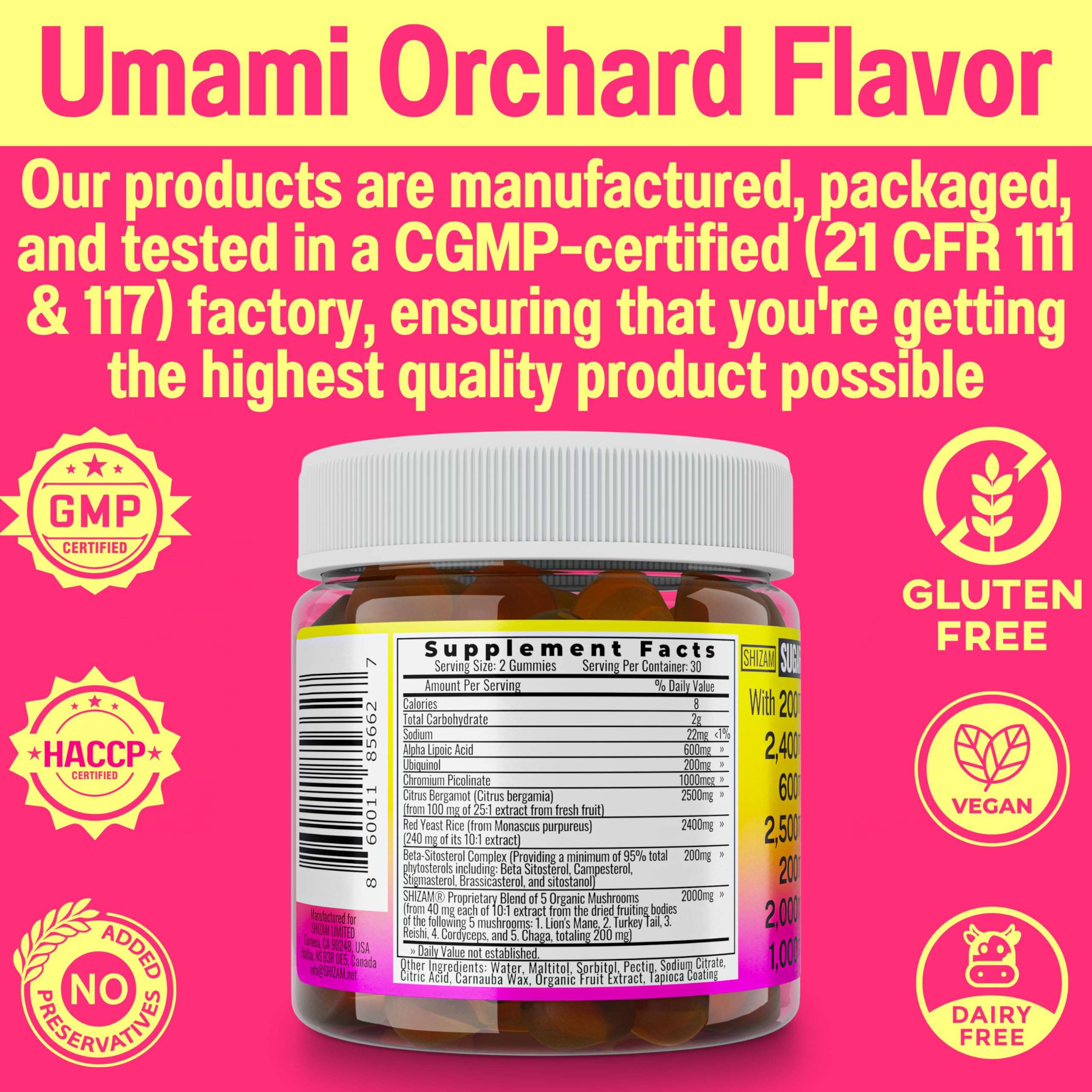 Red Yeast Rice Alpha Lipoic Acid Ubiquinol CoQ10 Citrus Bergamot Beta-Sitosterol Chromium Picolinate Sugar-Less Gummies w Lion's Mane Turkey Tail Reishi Cordyceps Chaga, Pills Capsules Supplement Alt