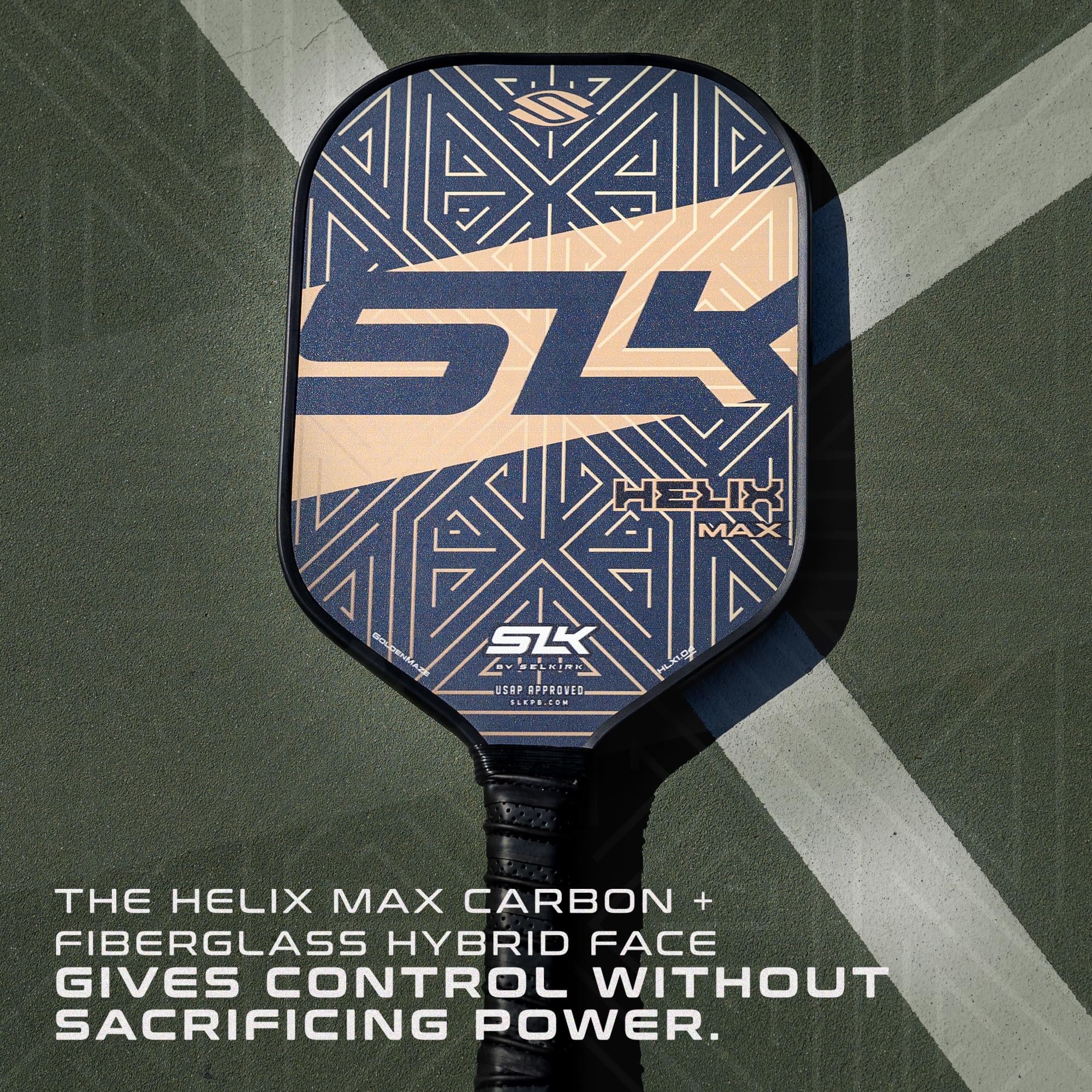 2024 SLK Helix Pro Pickleball Paddle | Carbon Fiber & Fiberglass Hybrid Face | Thermoformed Carbon Fiber Core | Unmatched Control | Gold Maze