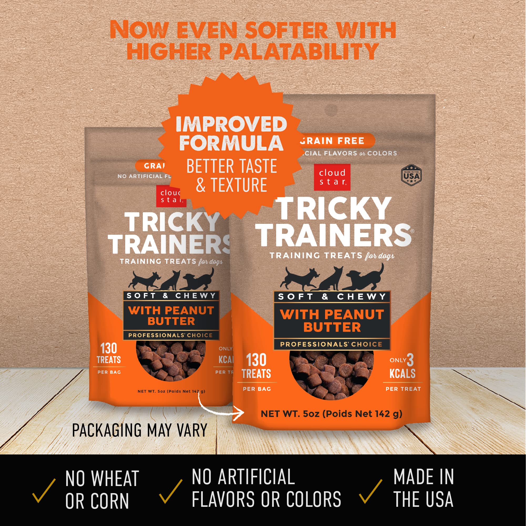 Cloud Star Tricky Trainers Soft & Chewy Dog Training Treats 5 oz Pouch, Peanut Butter Flavor, Grain-Free Low Calorie Behavior Aid with 130 treats