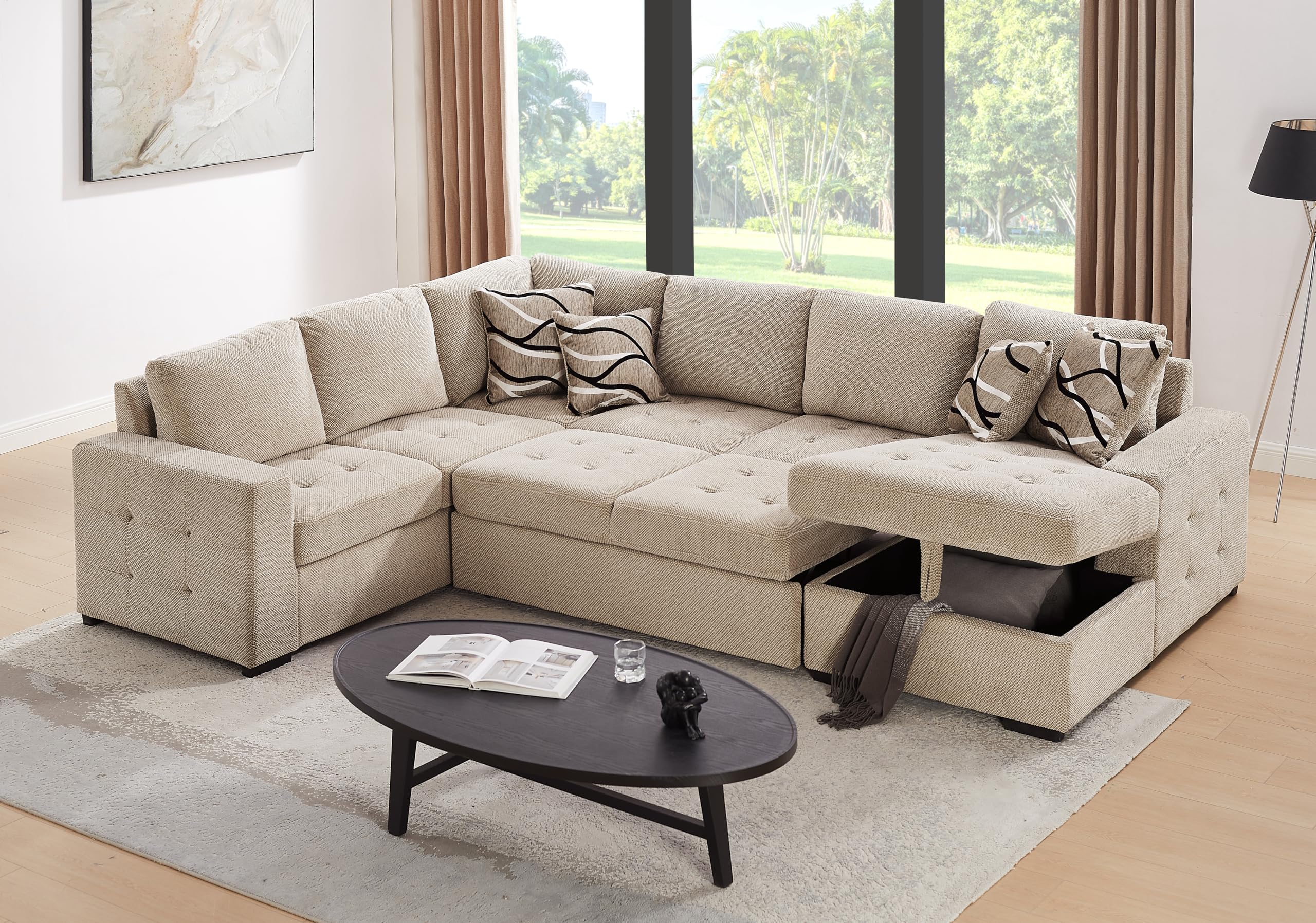 THSUPER Sectional Sleeper Sofa with Pull Out Bed and Storage Chaise, U Shape Sectional Sofa Bed, Oversized Sectional Sleeper Couch for Living Room Beige