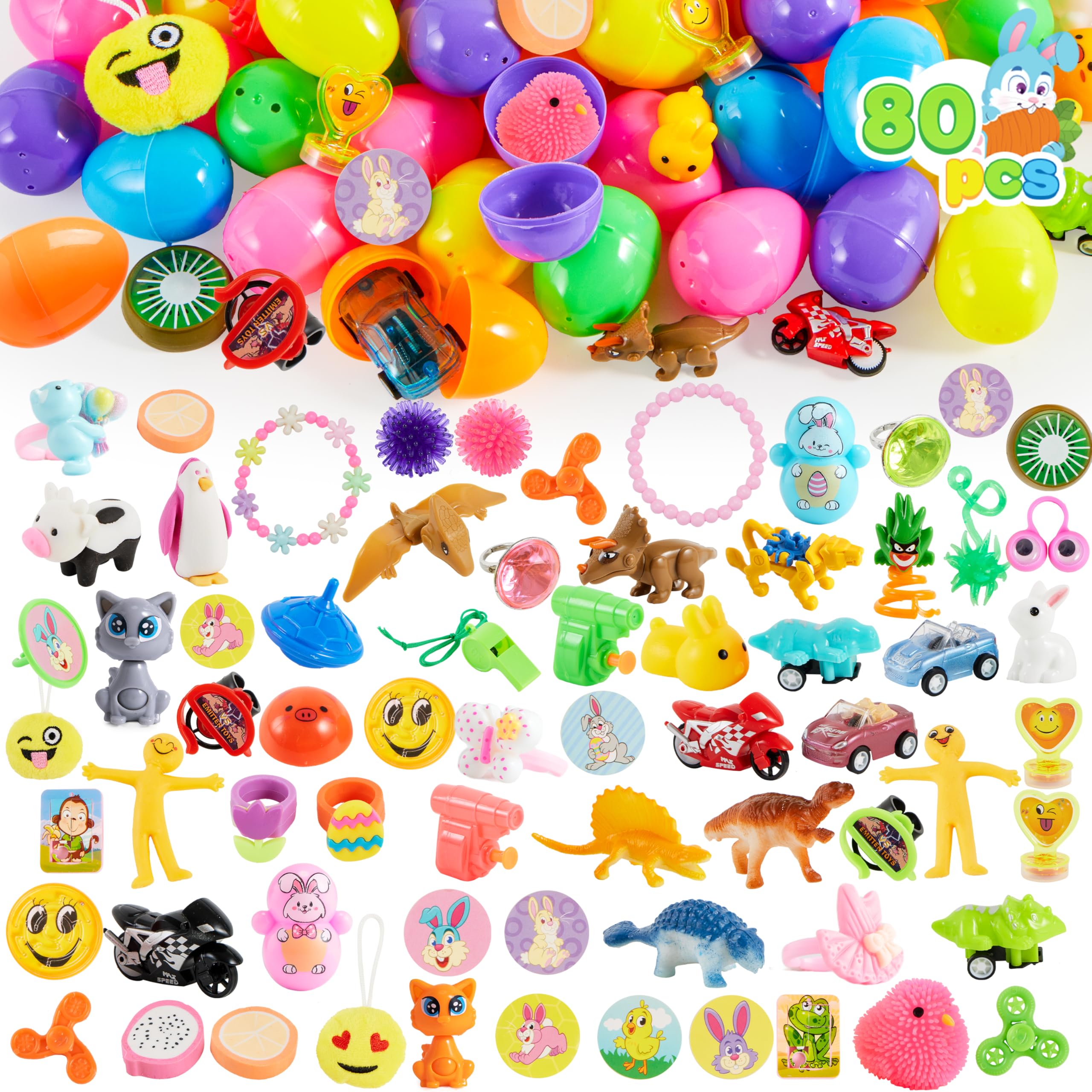 JOYIN 80 Packs Prefilled Easter Eggs with Toys and Stickers, Toys Fillers for Easter Egg Hunt, Basket Stuffers, Party Favors, Classroom Events