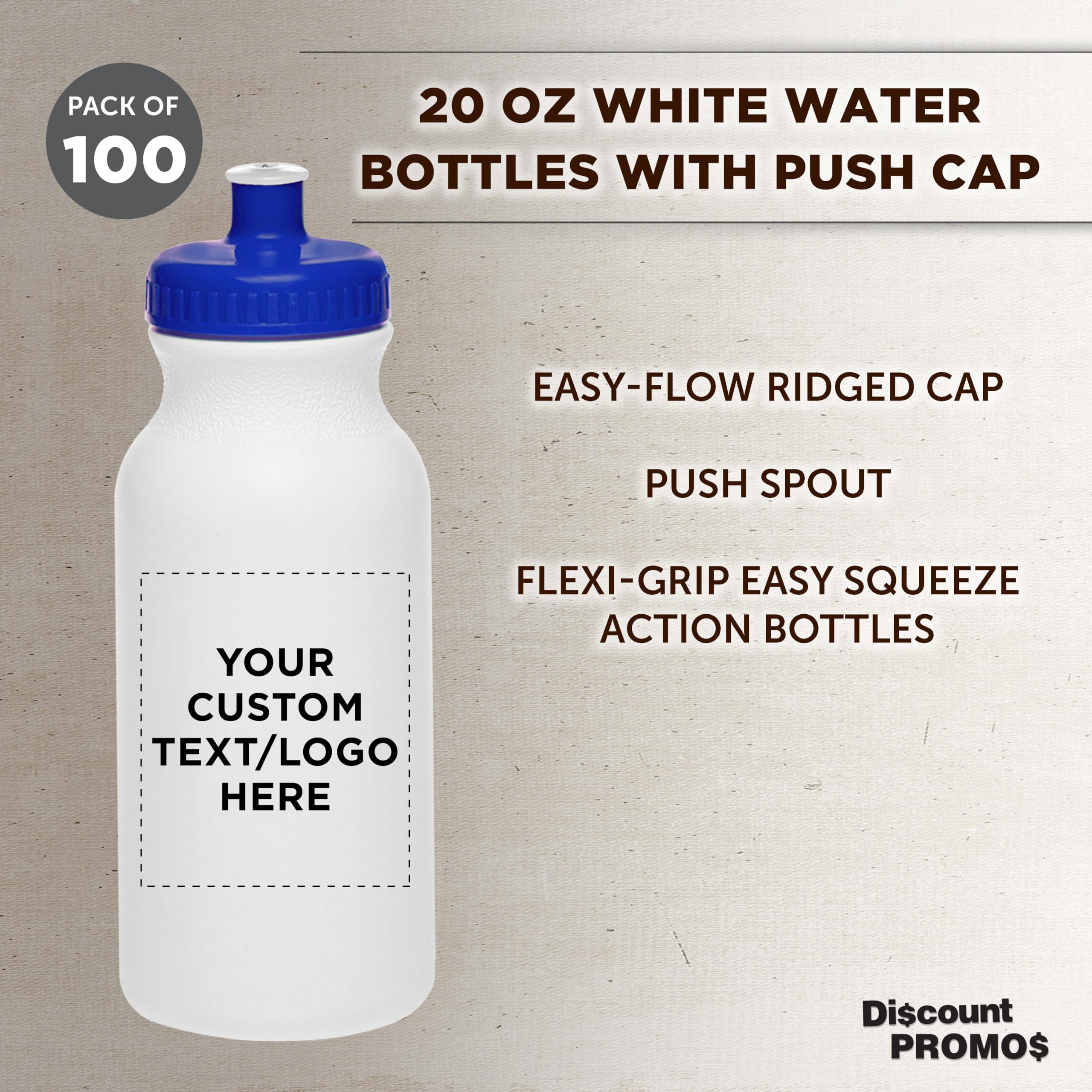 DISCOUNT PROMOS Custom White Water Bottles with Push Cap -100 pack, Customizable Text, Logo, 20 oz, Reusable BPA FREE Squeezable Bottles in Bulk, White Blue