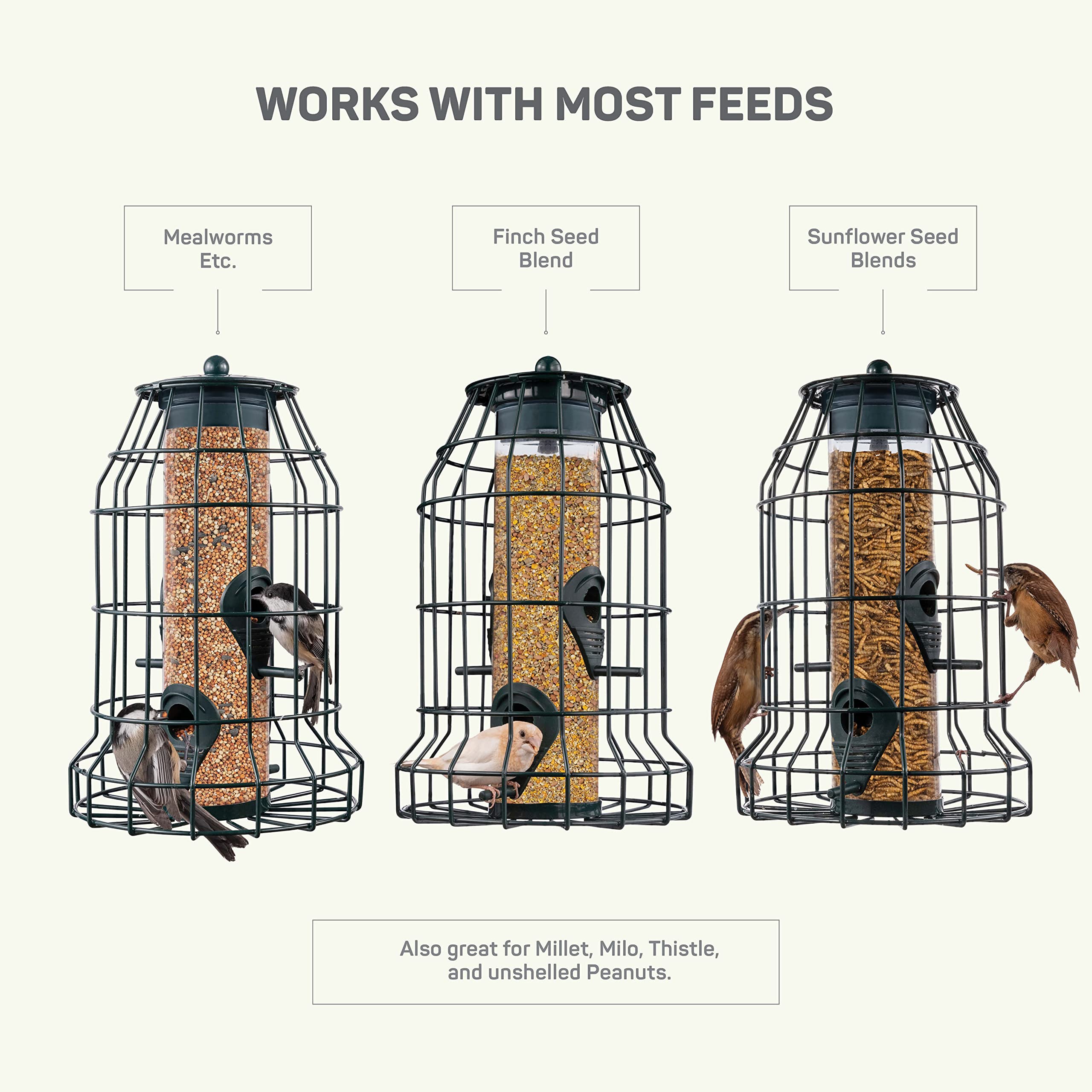 Squirrel Resistant Bird Feeders 22 oz. Bird Feeder with 4 Perches for Small Backyard Birds ONLY. Bird Feeder Squirrel Proof/Chew Proof/Rustproof. Fill with Wild Bird Seed for Outside Feeders