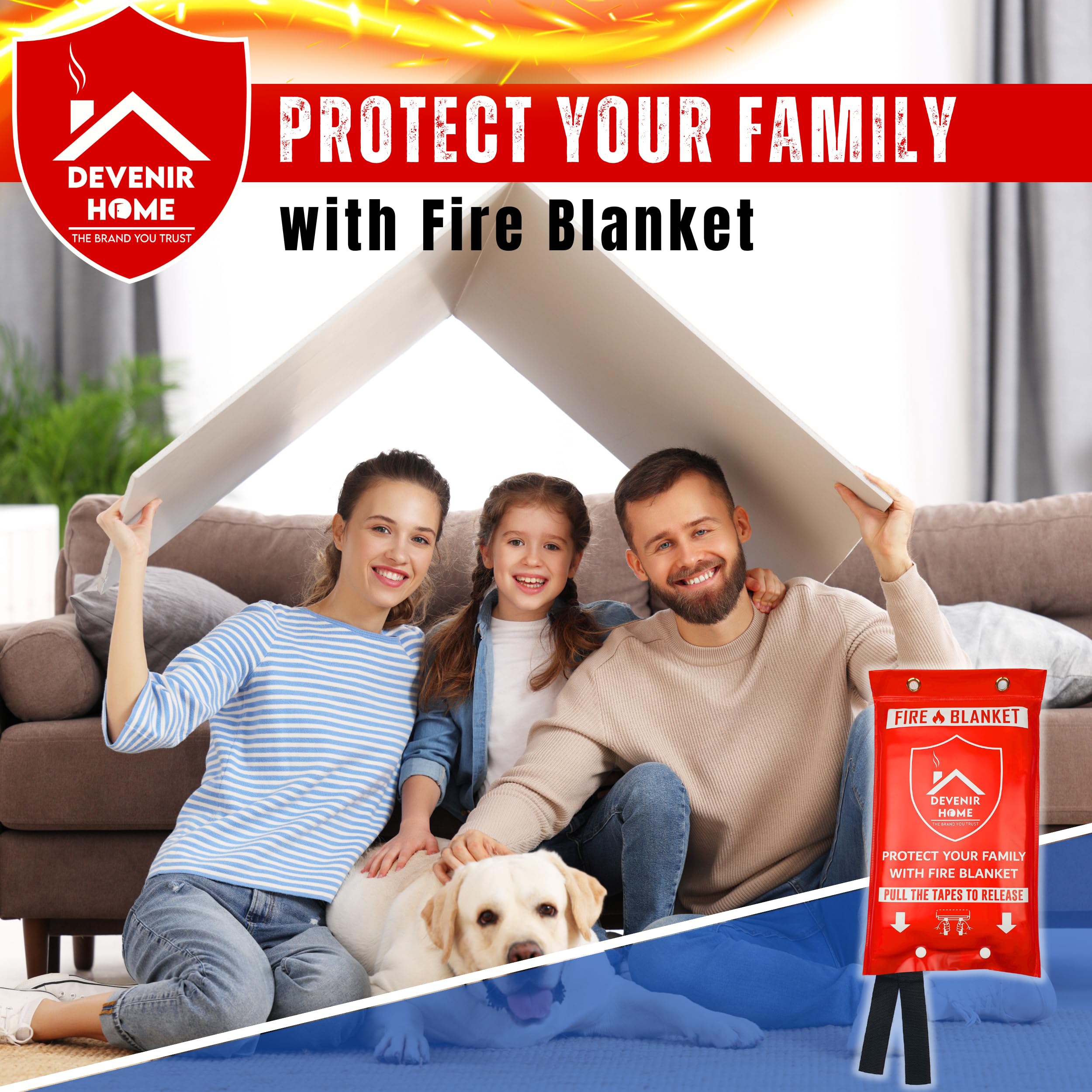 Devenir Home Extra Large Fire Blanket - 48”x 48” Pack of 4 Blankets with 8 Hooks and 4 Gloves, Fire Blankets Emergency for Home, Car, Kitchen, Warehouse, Outdoor, and Camping Safety