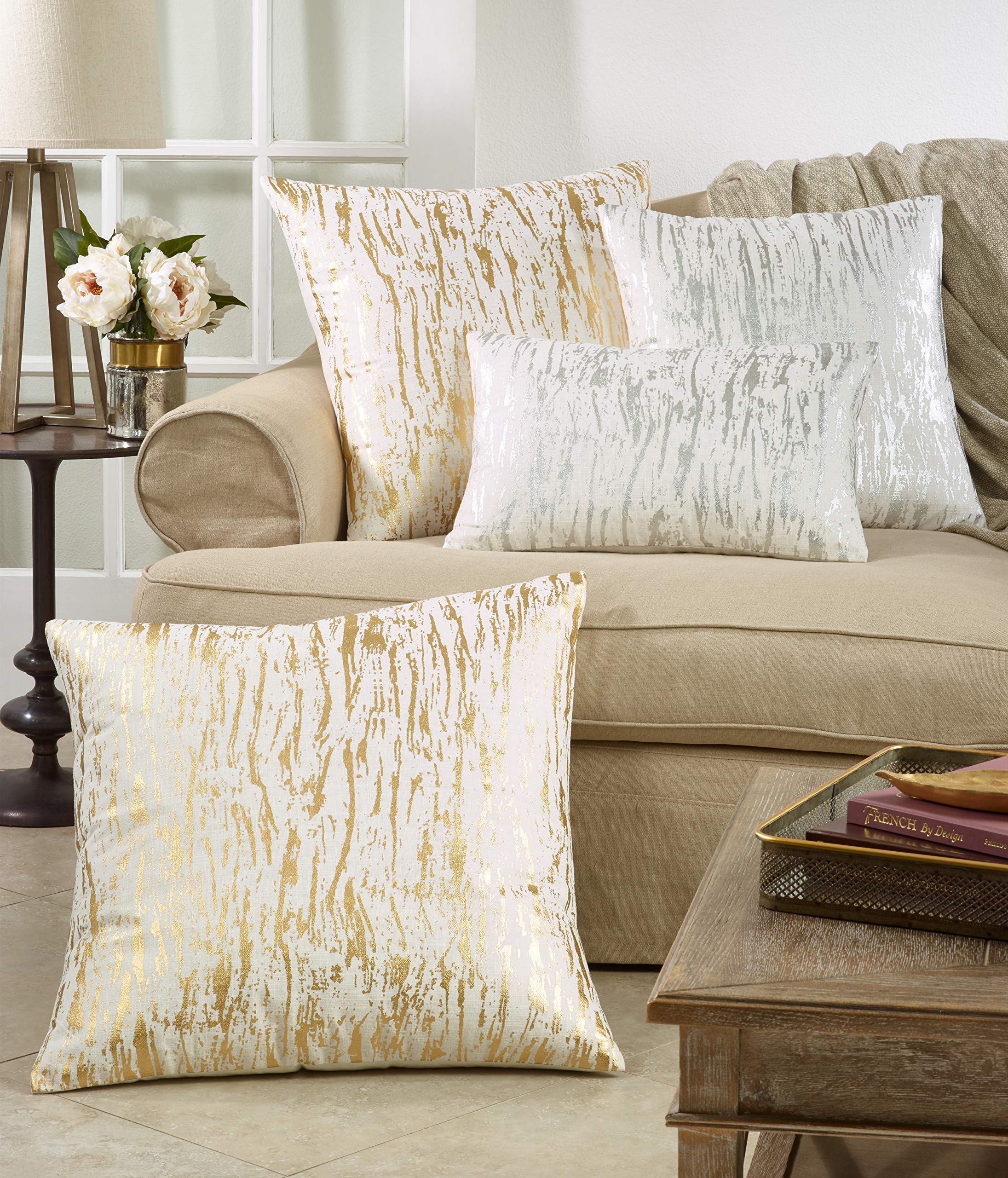 SARO LIFESTYLE Distressed Metallic Foil Design Cotton Floor Pillow, Gold, 27"