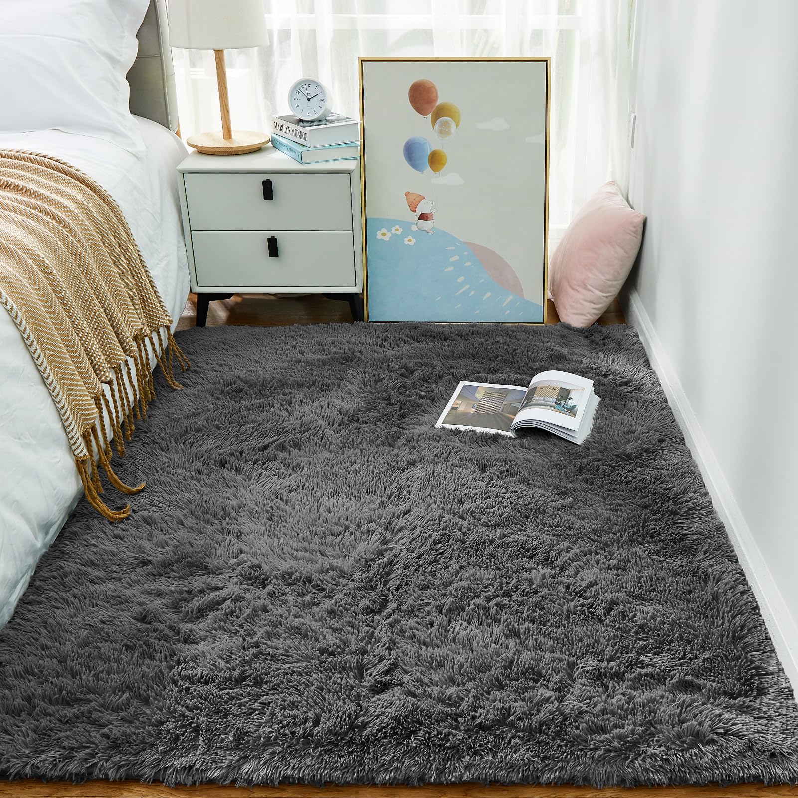 Ophanie Area Rugs for Bedroom Living Room, Grey Fluffy Fuzzy Shag Shaggy Carpet Soft Plush Furry Bedside Rug, Indoor Floor Rug for Kids Girls Boys Home Decor Aesthetic, Dorm Nursery Gray