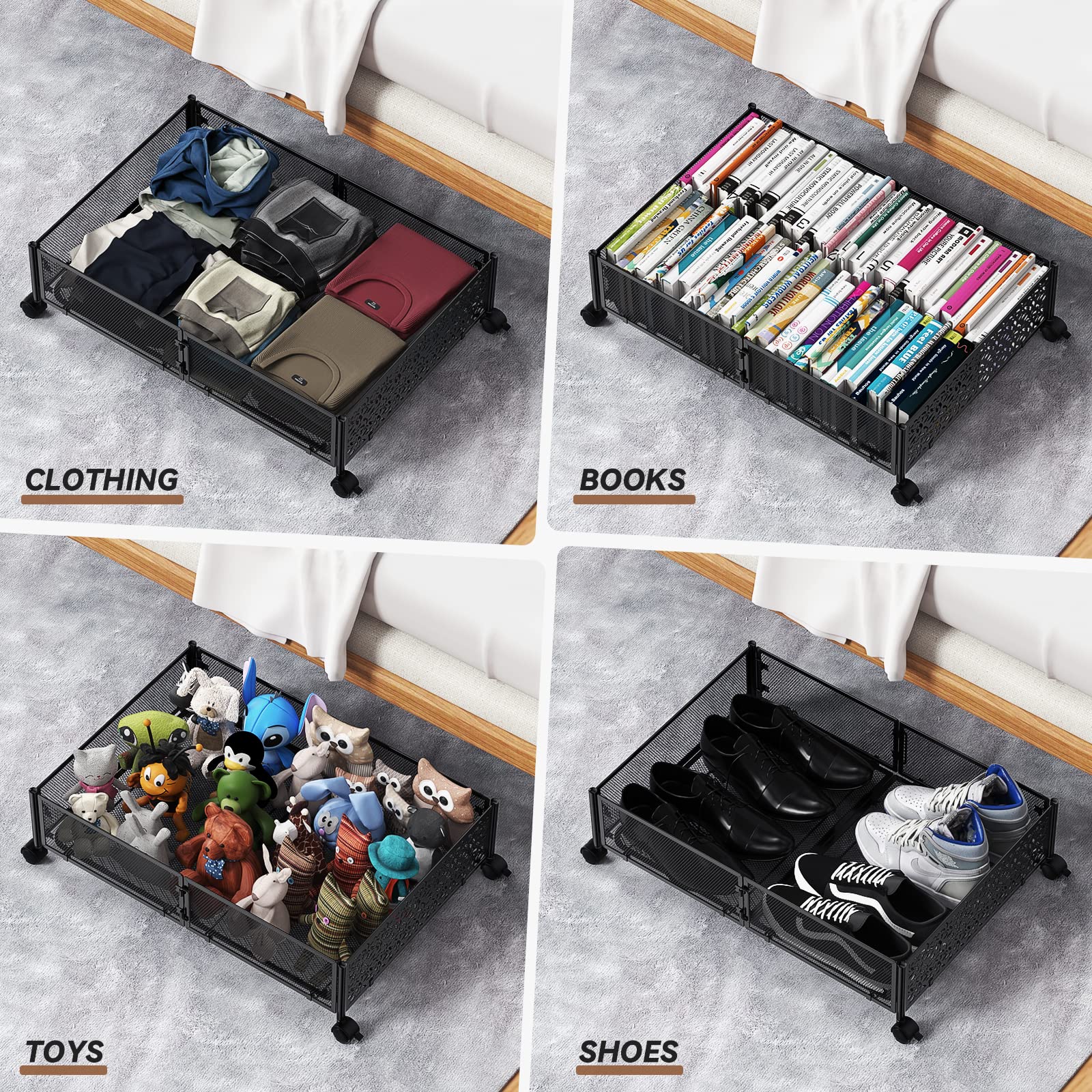 Under Bed Storage, Under the Bed Storage Containers with Wheels, Under Bed Shoe Storage Organizer Drawer, Tool-free Assembly Metal Underbed Storage Containers for Bedroom Clothes Shoes Blankets -2Pack