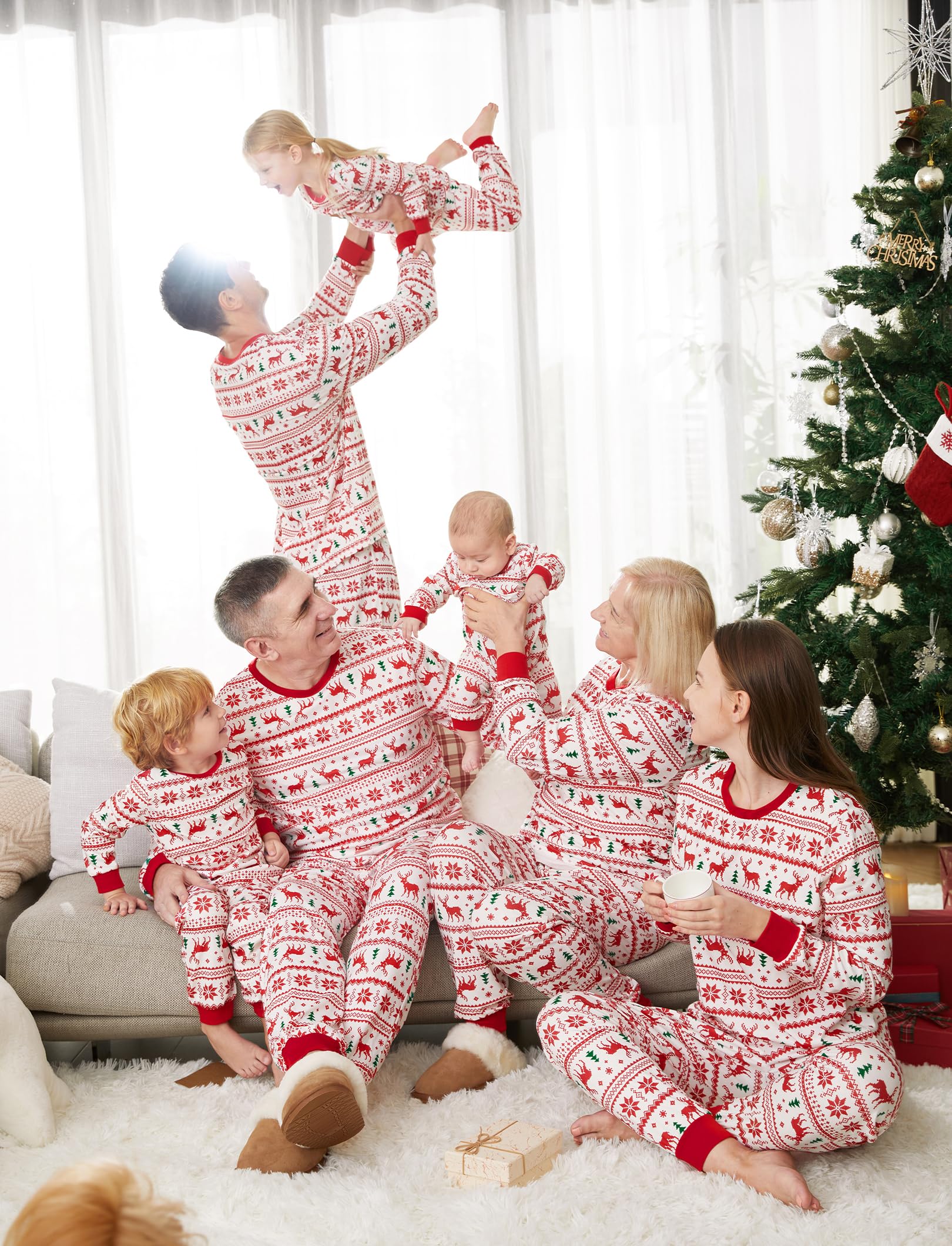 PATPAT Family Christmas Pajamas Matching Sets Reindeer and Snowflake Patterned Sleepwear Xmas Holiday PJS Set Baby 12-18 Months