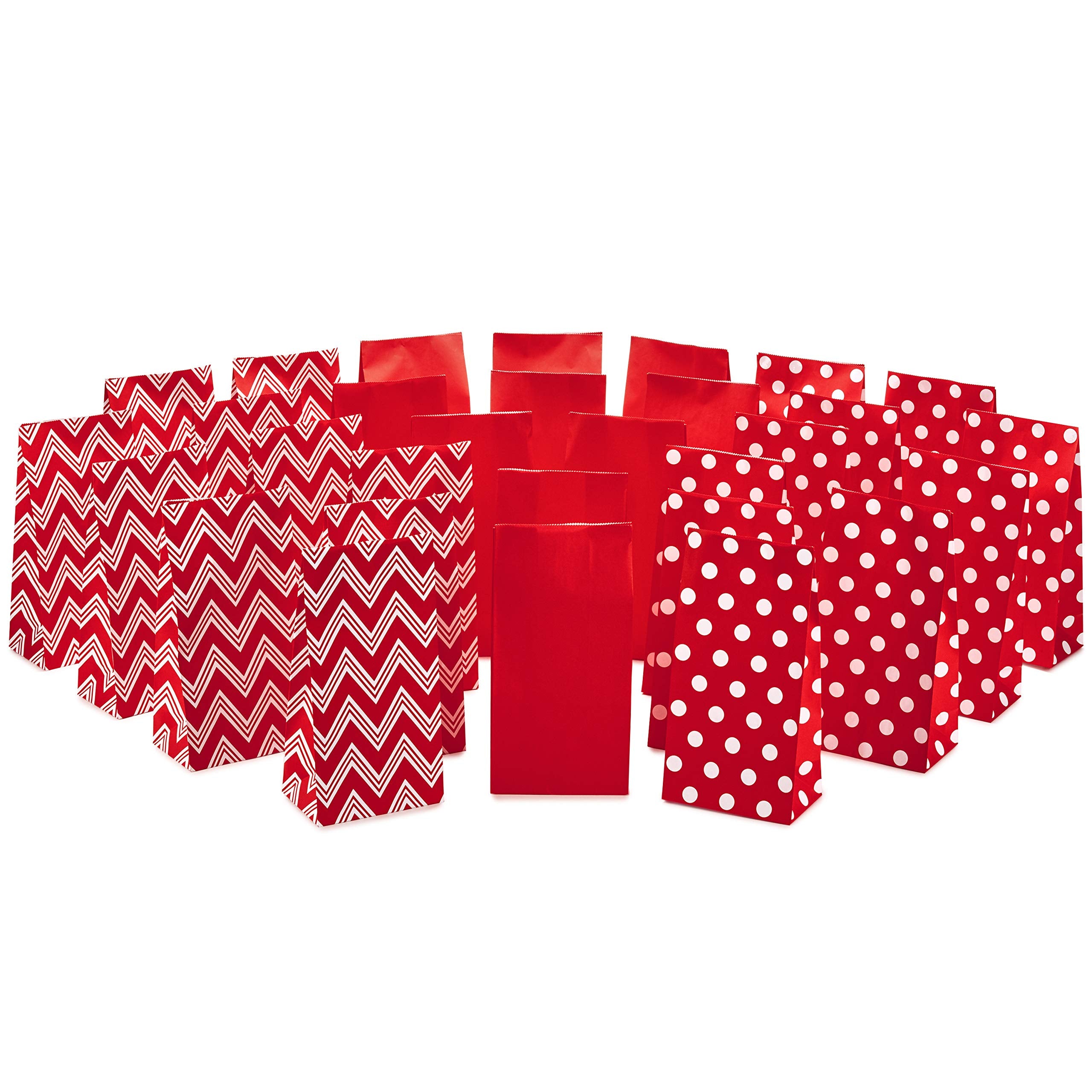 Hallmark Red Party Favor and Wrapped Treat Bags, Assorted Designs (30 Ct., 10 Each of Chevron, White Dots, Solid) for Christmas, Valentines Day, Sweetest Day, May Day, Mothers Day, Care Packages