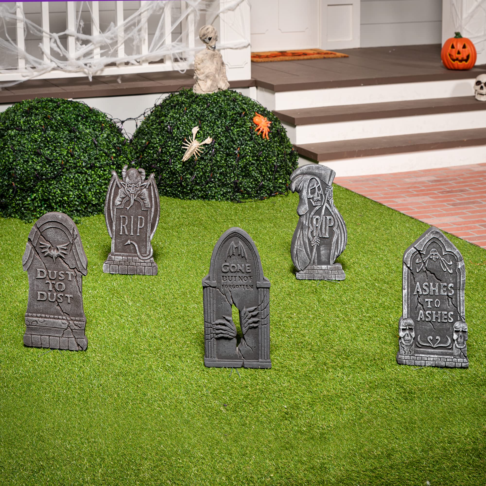 JOYIN 17” Halloween Tombstones for Graves Halloween Decorations Outdoor (5 Pack), Foam RIP Graveyard Headstone Decorations and 10 Bonus Metal Stakes for Halloween Yard Lawn Decorations