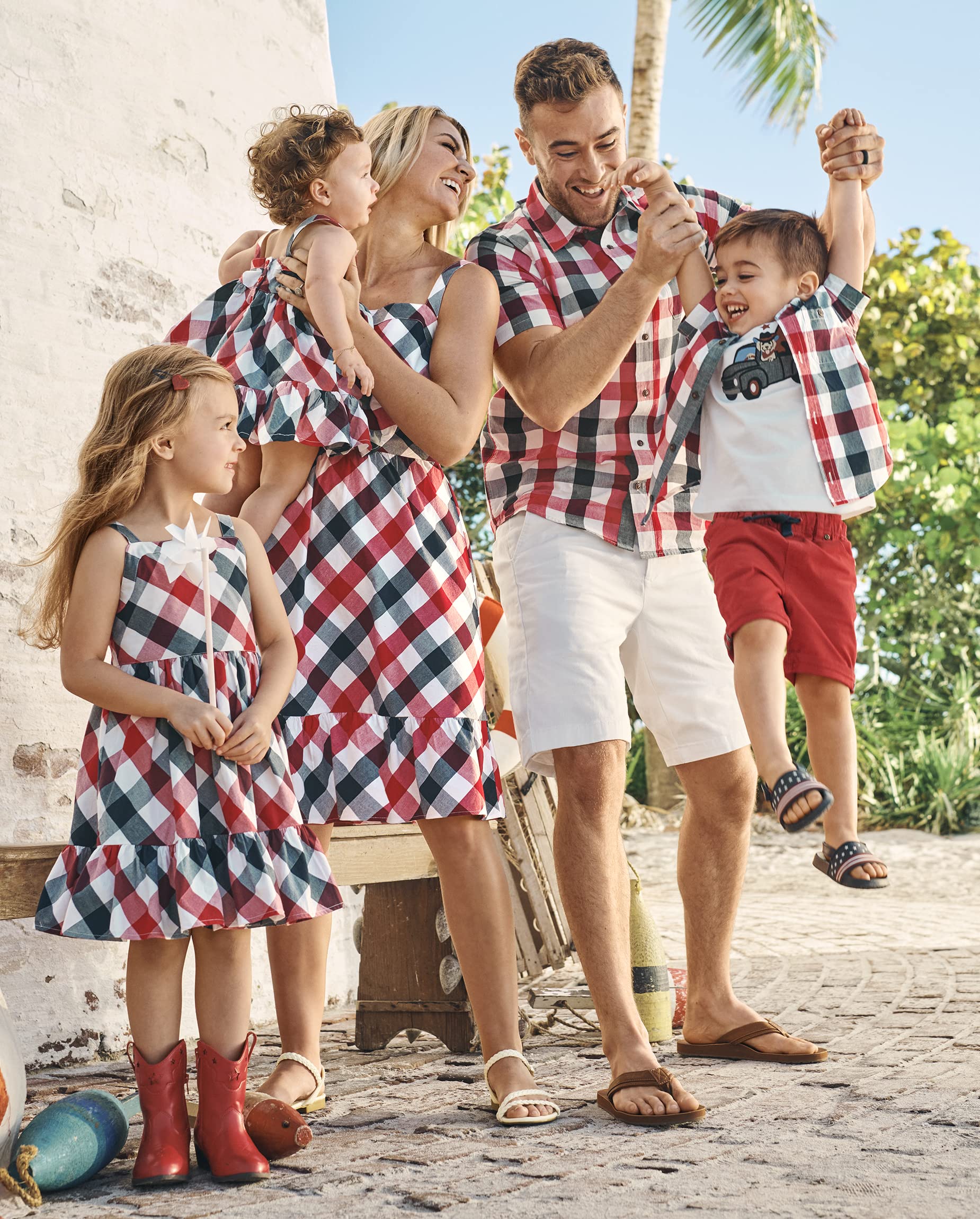 Gymboree Boys Matching Family Short Sleeve Up Dad, Big Kid, Toddler Button Down Shirt, Red/Blue Woven, 5T US